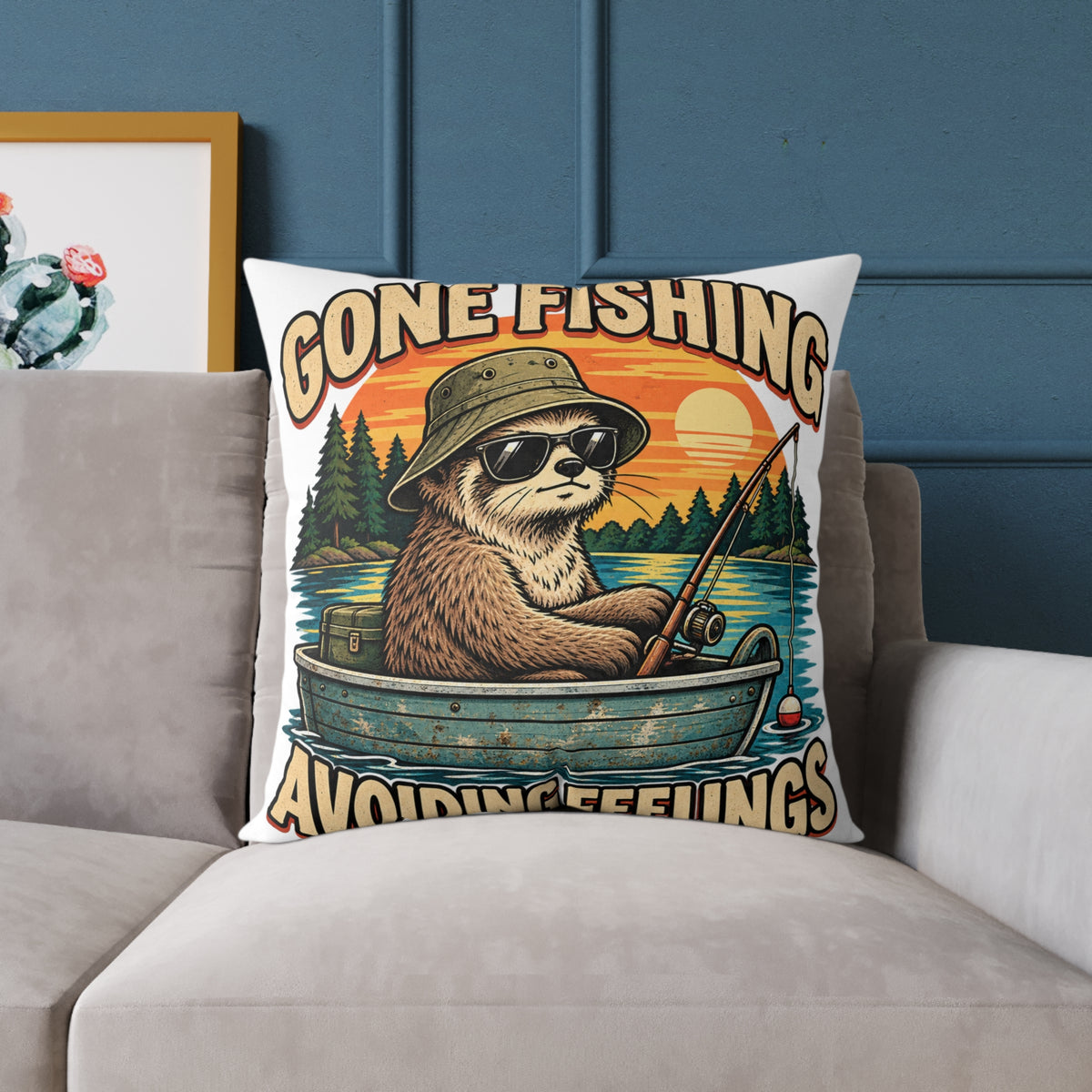 Gone Fishing Pillow —Funny  'Gone Fishing, Avoiding Feelings' Sloth Fishing Decorative Throw Pillow