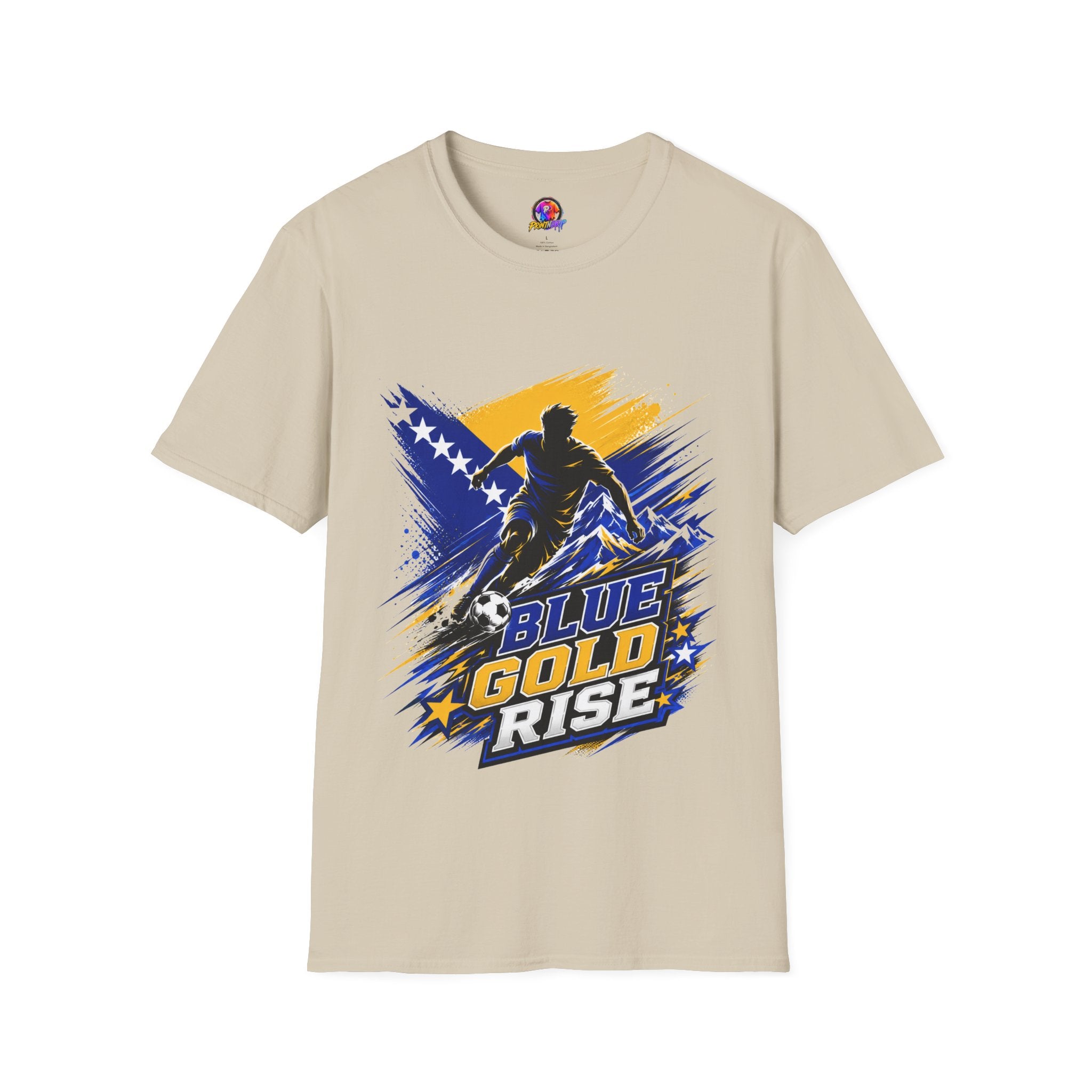 Bosnia Football T‑Shirt - "Blue Gold Rise" Soccer Graphic Tee