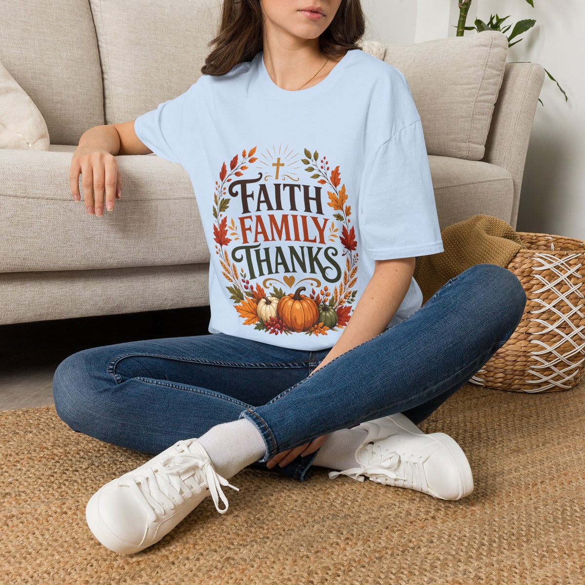 Thanksgiving T-Shirt Faith Family Thanks T-Shirt — Fall Pumpkin Thanksgiving Christian Tee