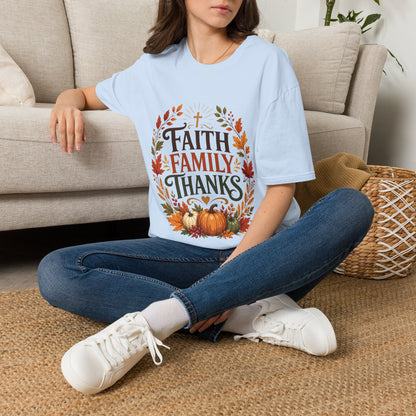 Faith Family Thanks T-Shirt — Fall Pumpkin Thanksgiving Christian Tee