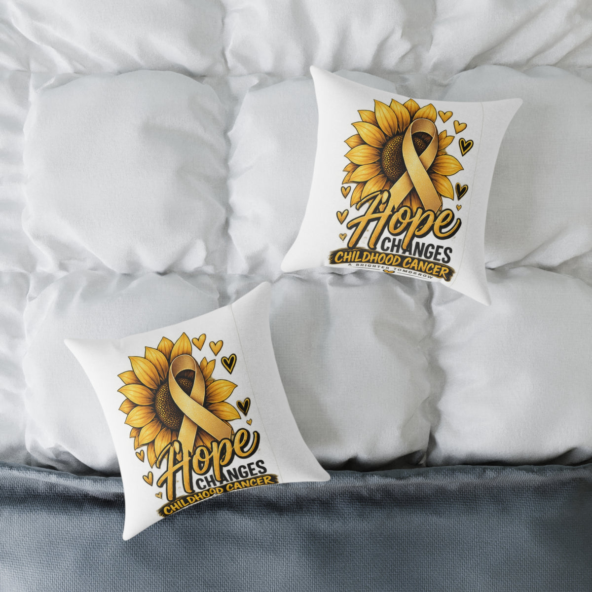 Childhood Cancer Awareness Pillow — 'Hope Changes' Sunflower Ribbon Square Throw Pillow