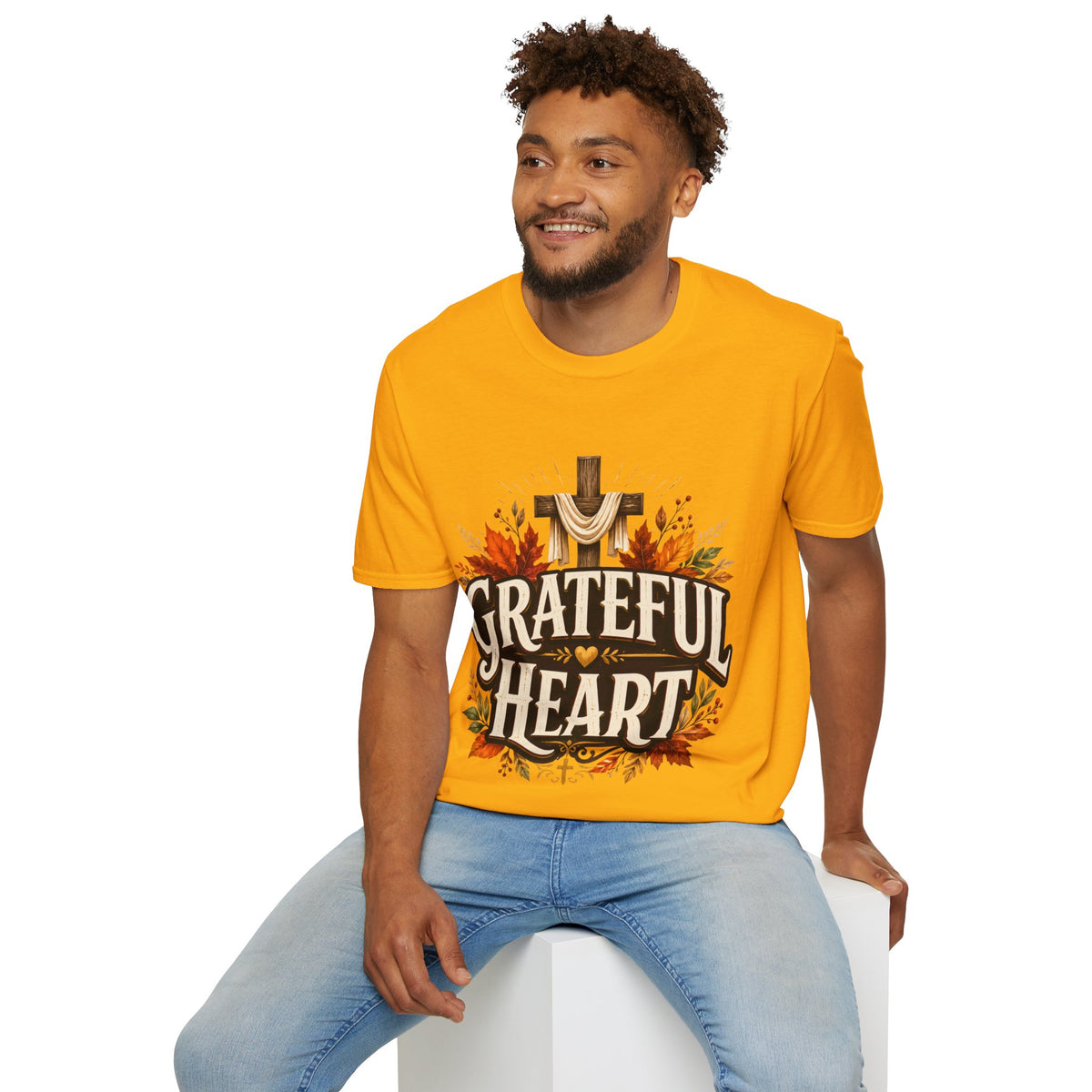 Thanksgiving T-Shirt Grateful Heart T-Shirt — Christian Cross & Autumn Leaves Thanksgiving Tee
