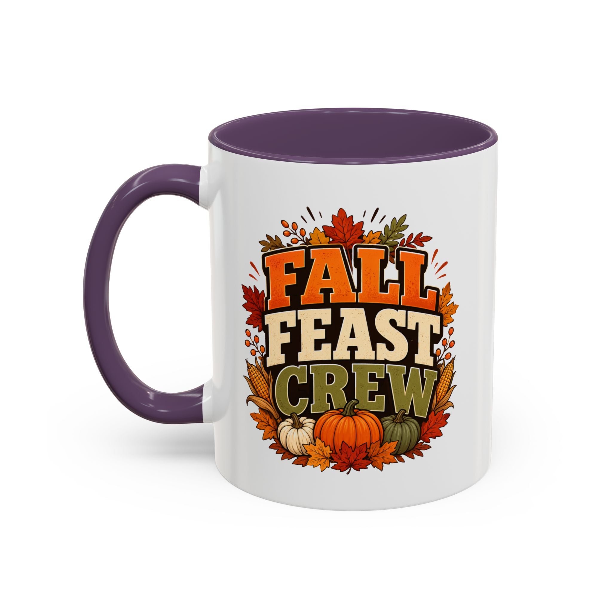 Thanksgiving Mug Fall Feast Crew Coffee Mug — Thanksgiving Pumpkin Autumn Leaves Accent Mug