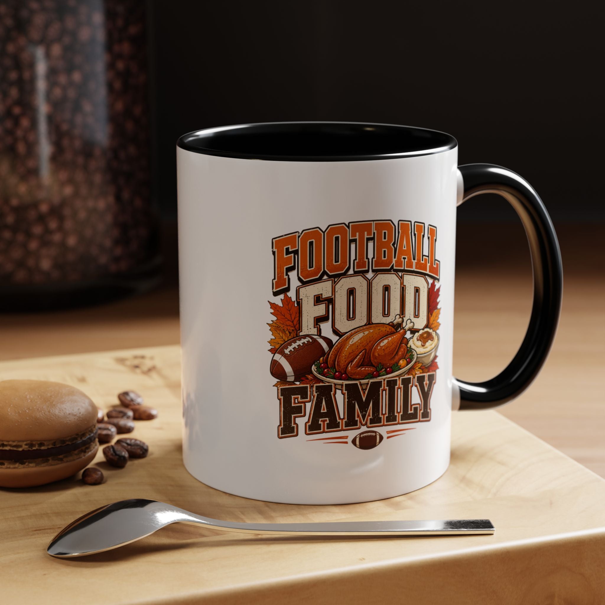 Thanksgiving Mug Football, Food & Family Coffee Mug — Thanksgiving Game Day Accent Mug