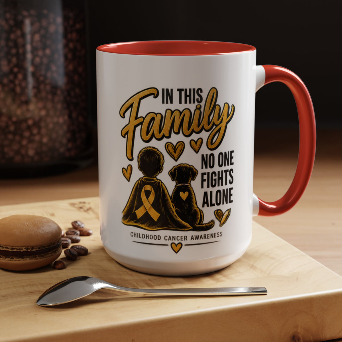 Childhood Cancer Awareness Accent Coffee Mug – "In This Family No One Fights Alone" (11/15oz)