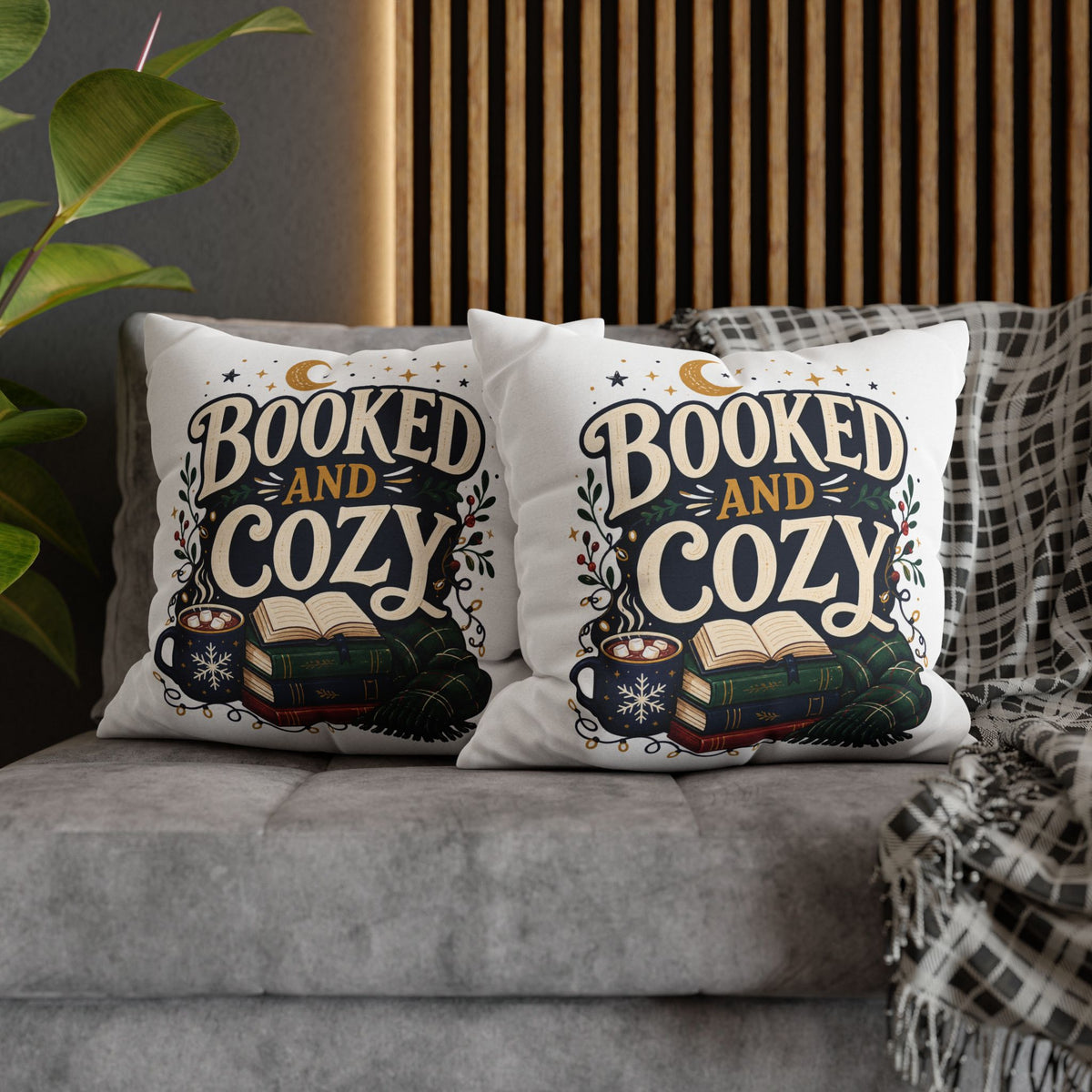 Booked and Cozy Square Pillowcase Modern Day Christmas — Booklover Decorative Throw Pillow Cover