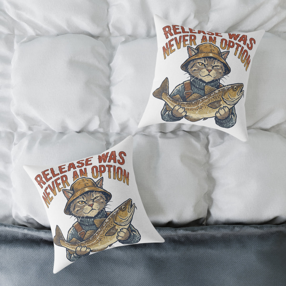 Fishing Cat Throw Pillow —Funny  "Release Was Never An Option" Decorative Accent