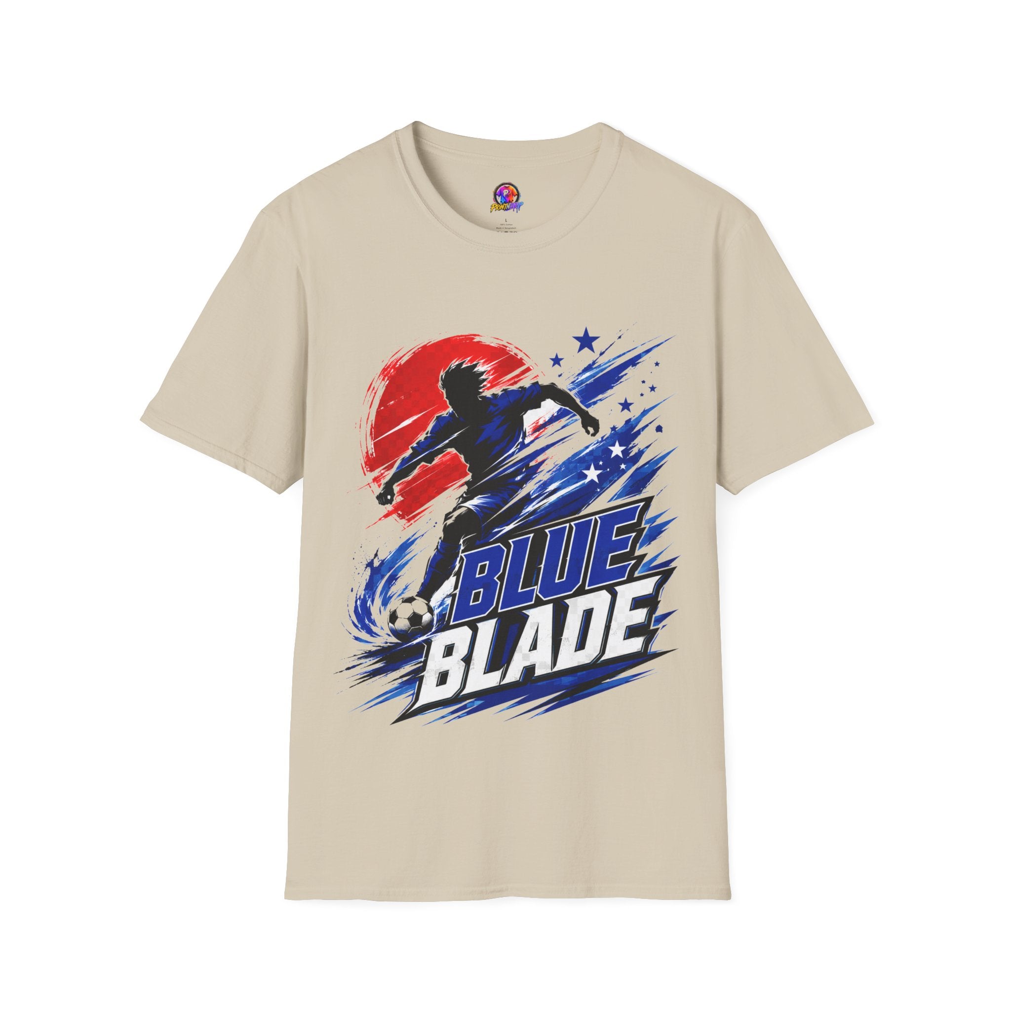 Japan T-Shirt — Blue Blade Soccer Graphic Tee (Red & Blue Starburst)
