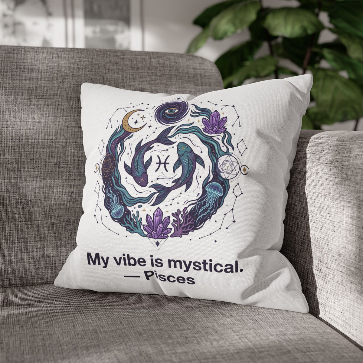 Pisces Zodiac Pillowcase — "My vibe is mystical" Decorative Throw Pillow Cover