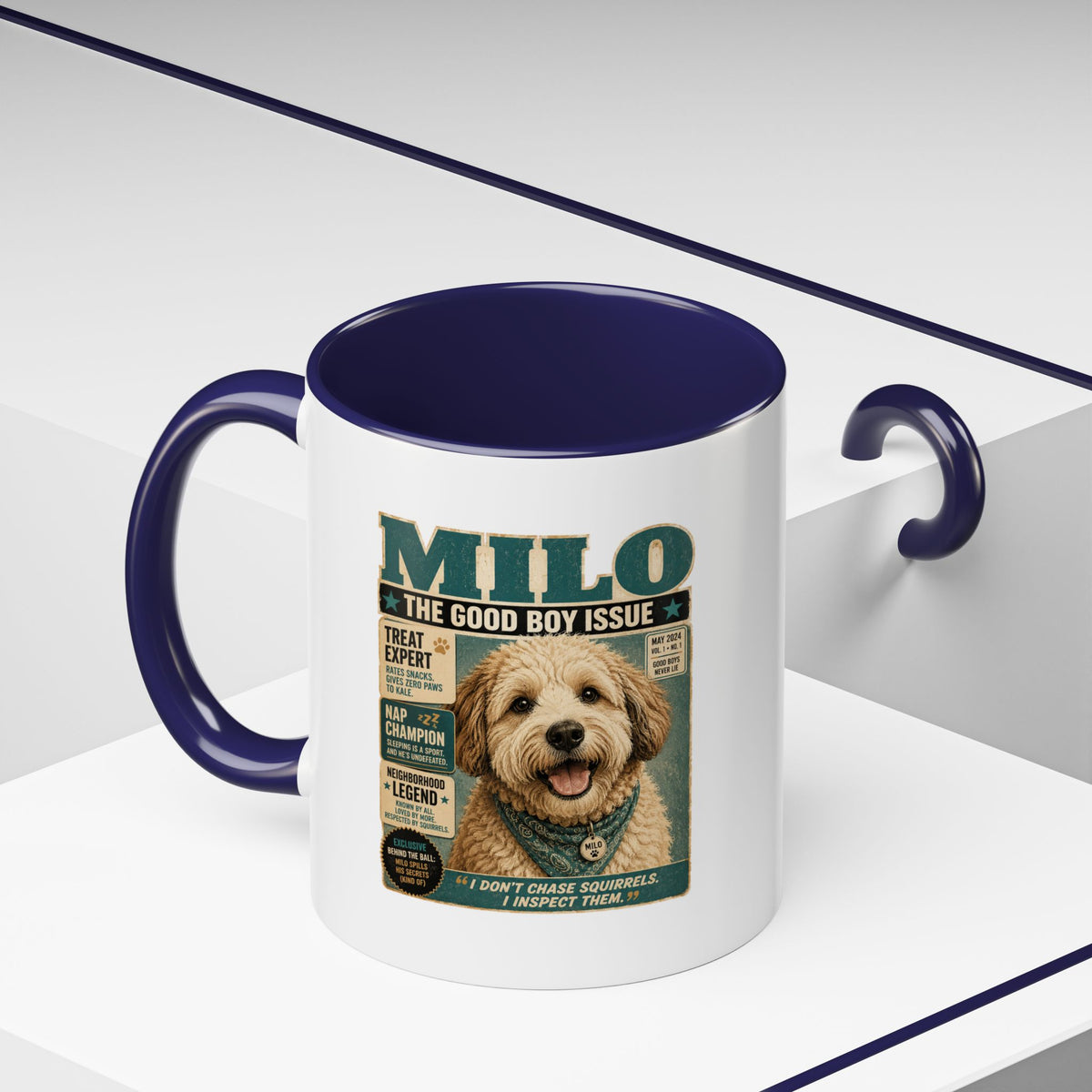 Milo Bailey Dog Dad Mom Milo 'The Good Boy Issue' Accent Coffee Mug – Cute Dog Magazine Cover Design