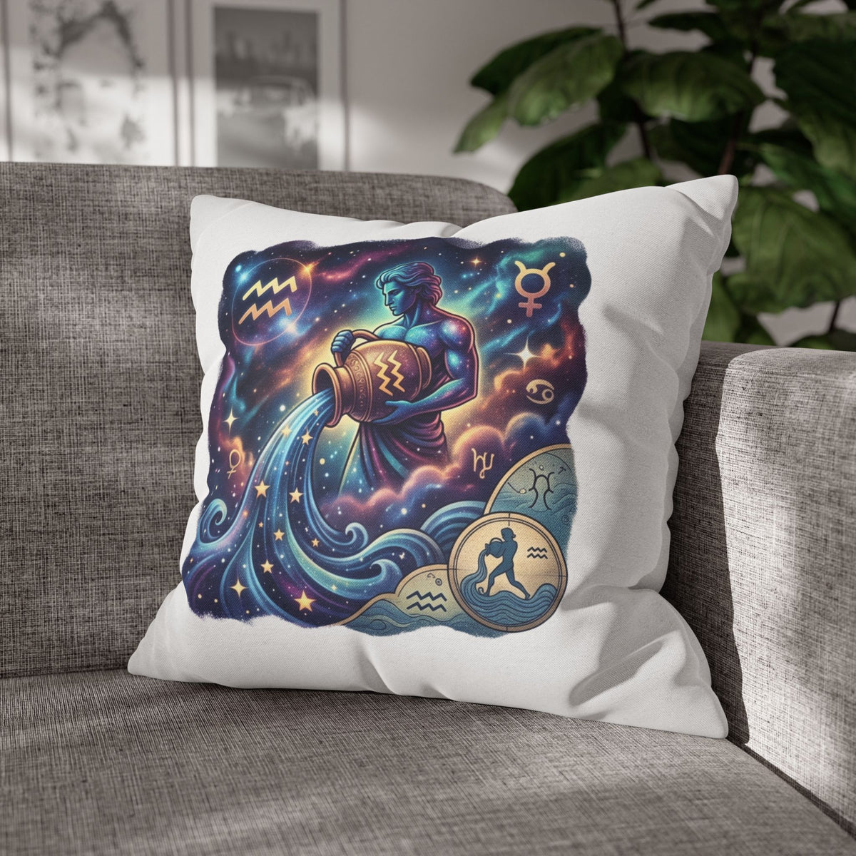 Aquarius Zodiac Pillowcase — Water Bearer Astrology Cushion Cover
