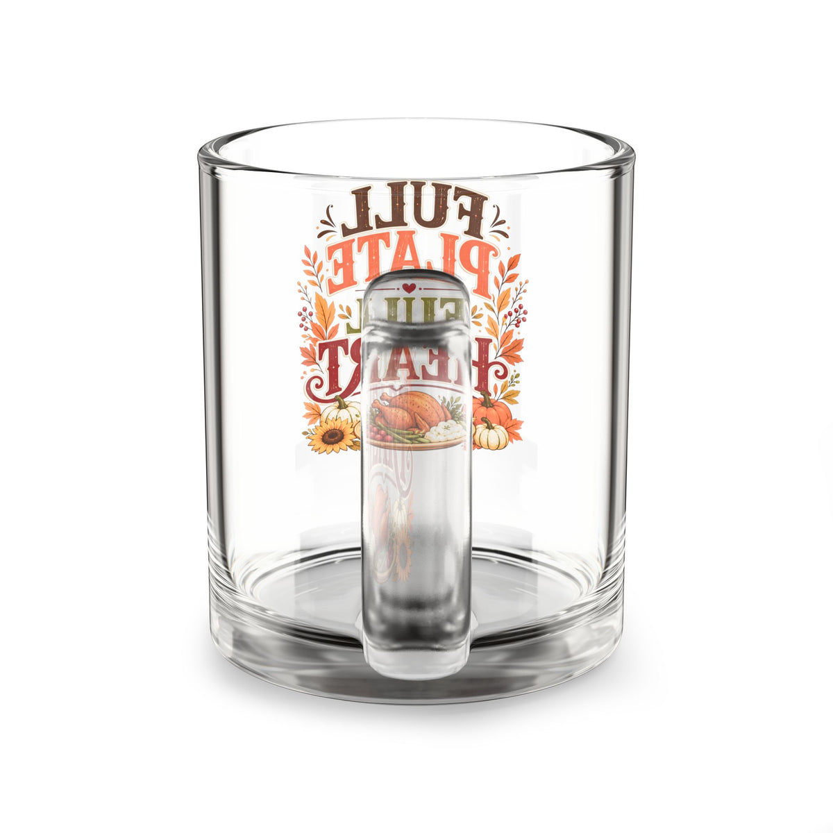 Glass Mug — "Full Plate, Full Heart" Thanksgiving Coffee Mug, 10oz