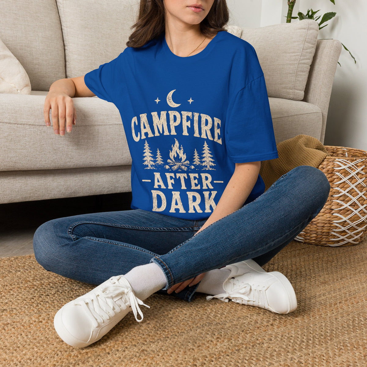 Campfire After Dark T-Shirt — Cozy Camping Moon & Trees Graphic