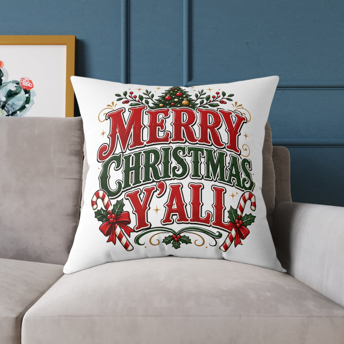 Merry Christmas Y'all Pillow — Festive Holiday Square Throw Pillow