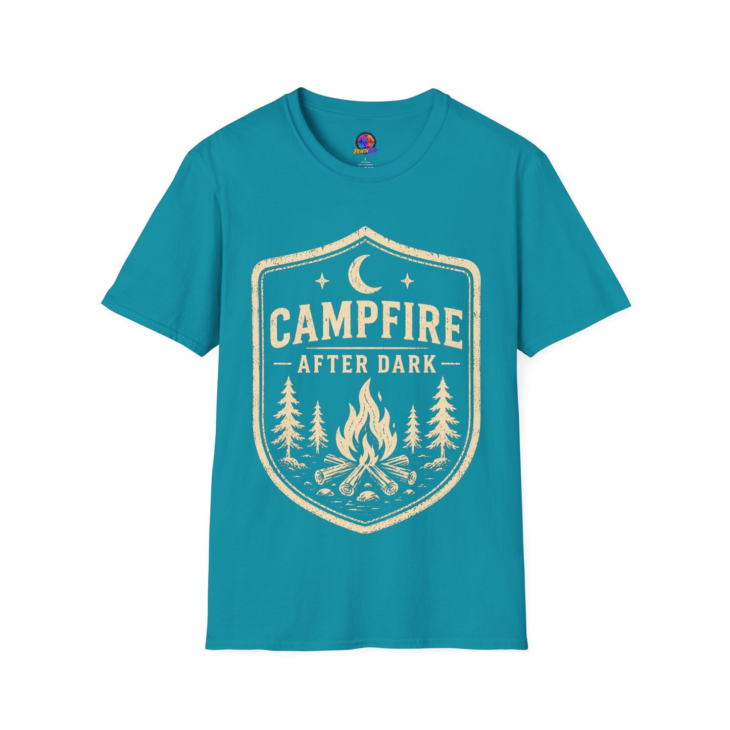 Campfire After Dark T-Shirt — Retro Camping Badge Tee for Outdoor Lovers