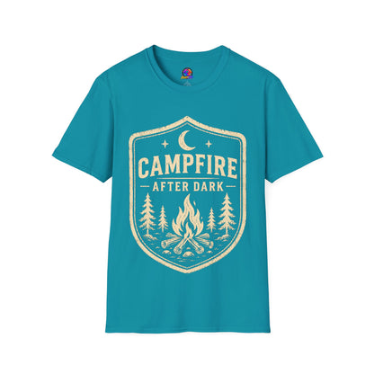 Campfire After Dark T-Shirt — Retro Camping Badge Tee for Outdoor Lovers