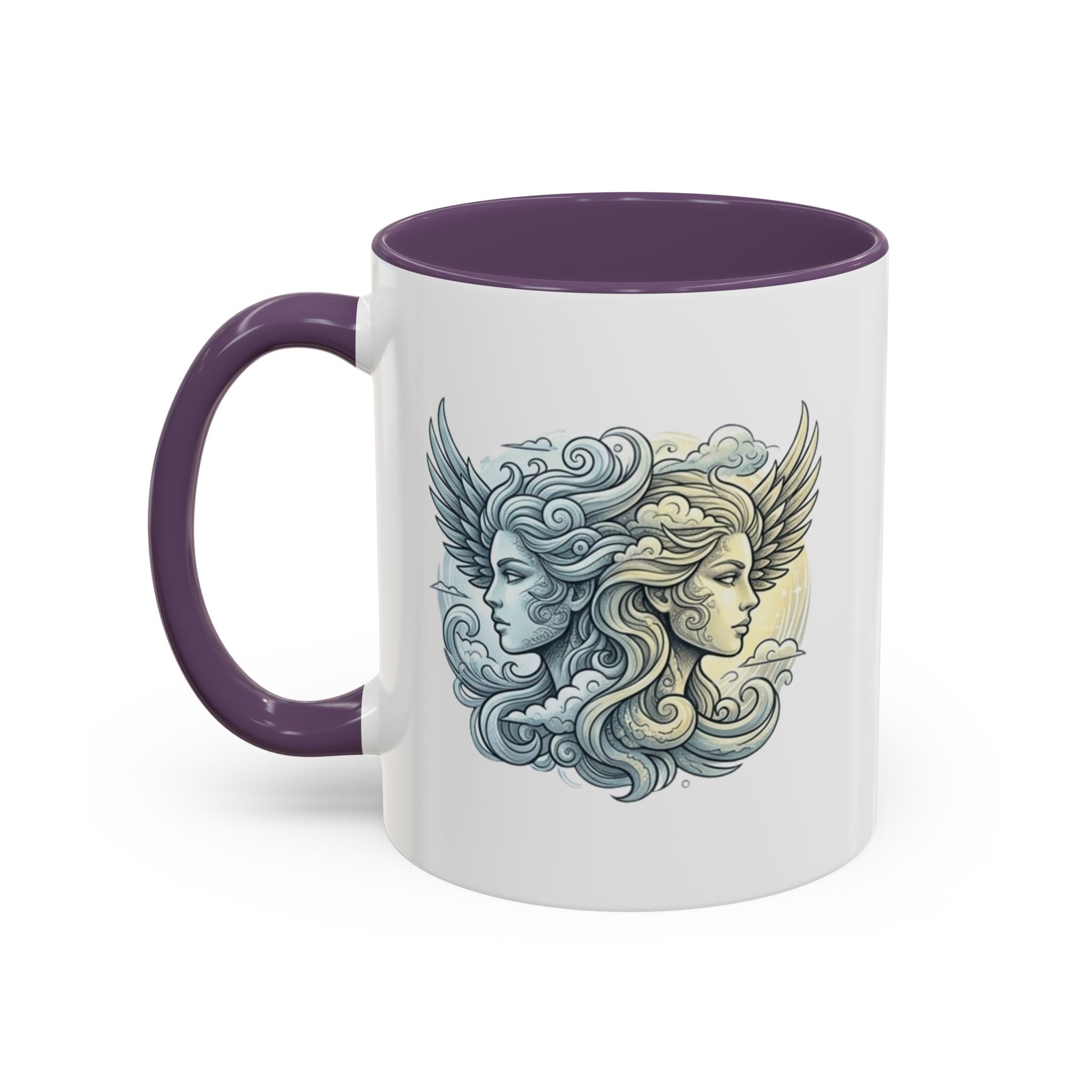 Gemini Twins Accent Coffee Mug — Sun & Moon Winged Faces Illustration