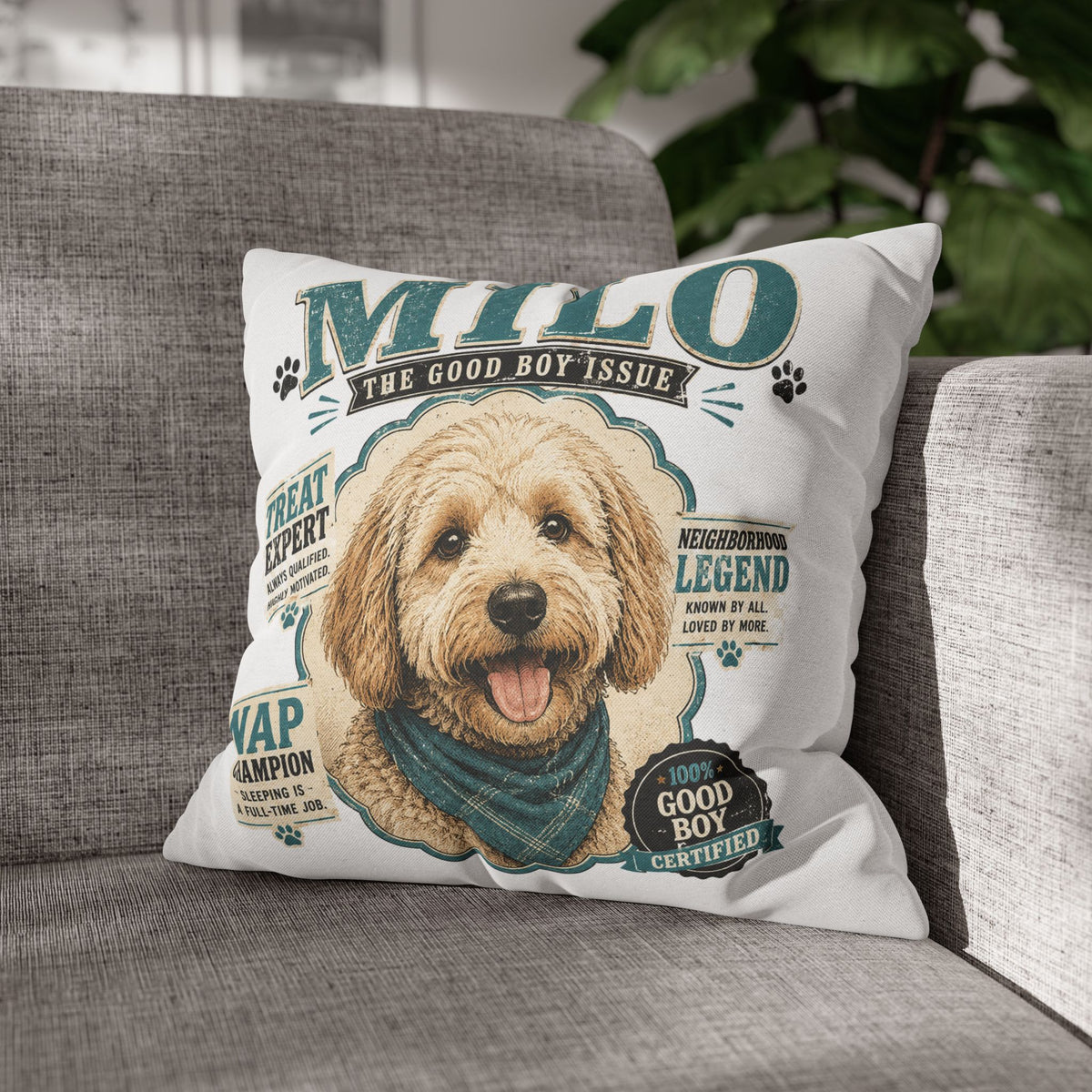 Milo 'The Good Boy Issue' Decorative Dog Pillowcase — Personalized Pet Name Cushion Cover Milo Bailey Dog Dad Mom
