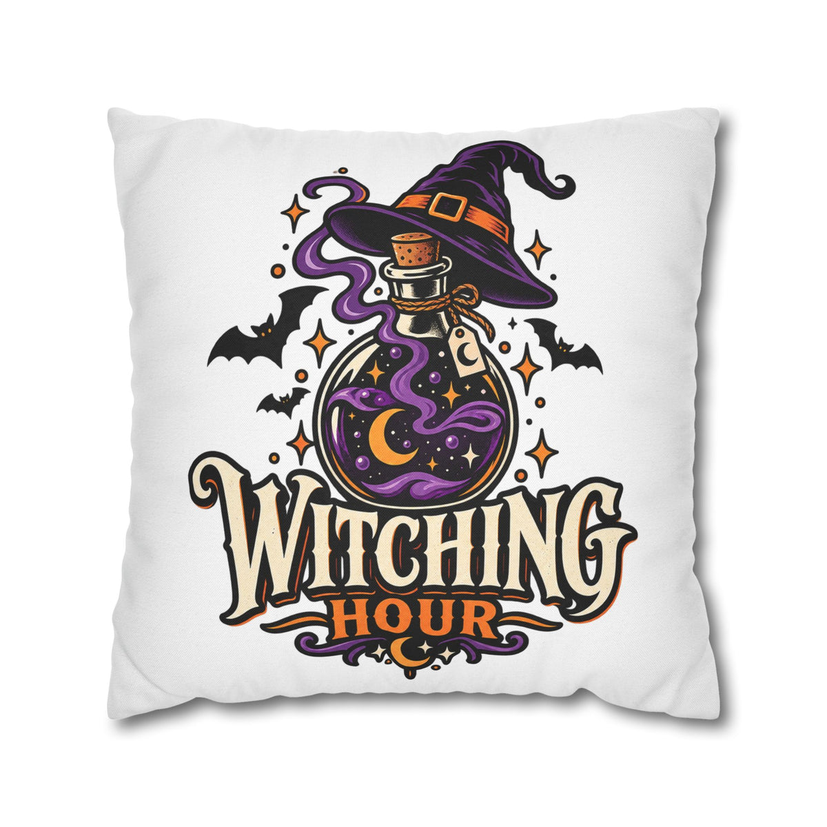 Witching Hour Square Pillowcase – Halloween Potion Witch Hat Throw Pillow Cover