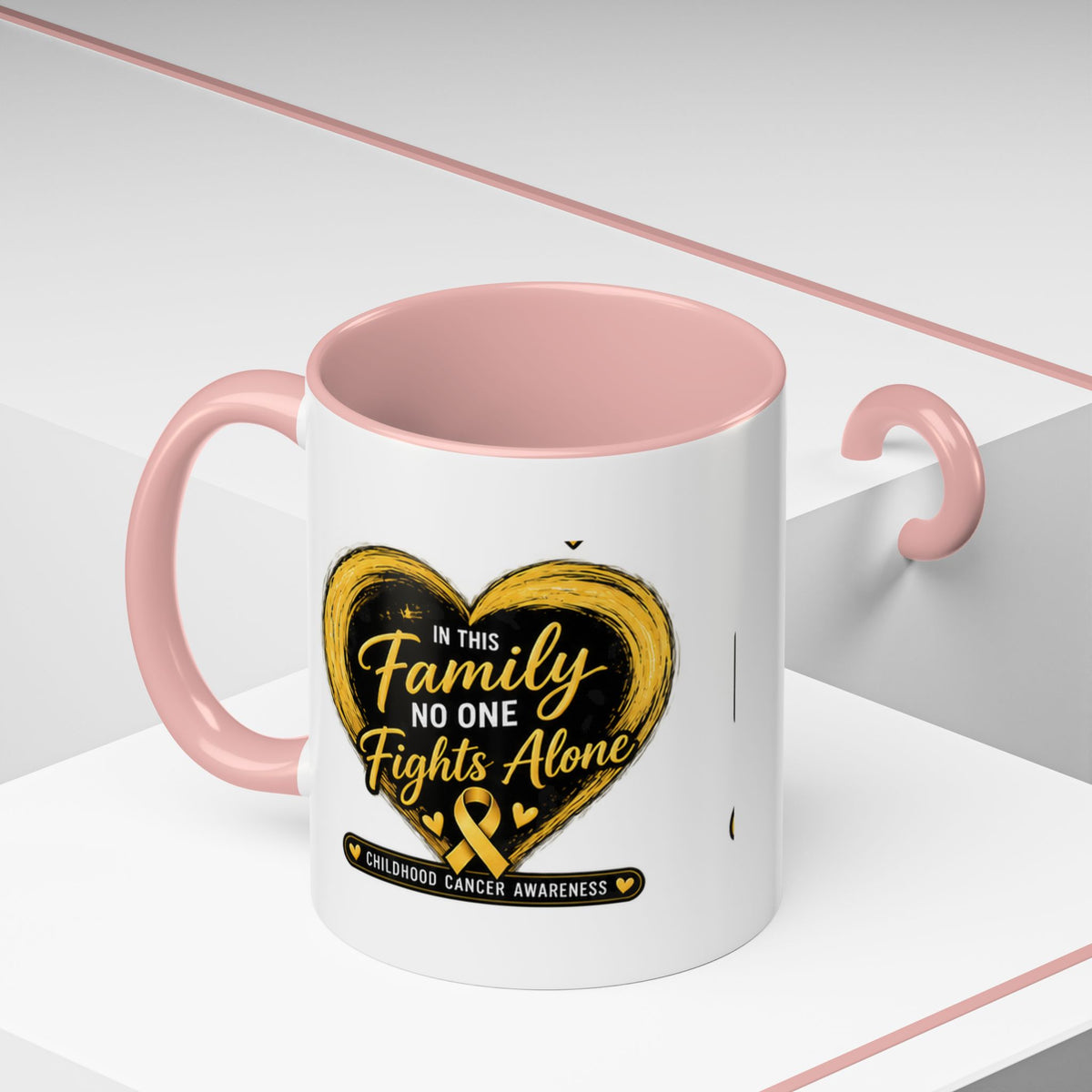 Childhood Cancer Awareness Accent Coffee Mug — "In This Family No One Fights Alone"