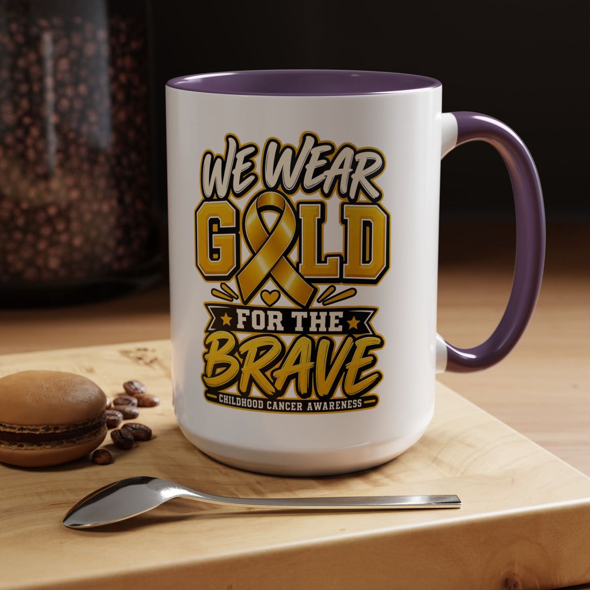Childhood Cancer Awareness Accent Coffee Mug – "We Wear Gold for the Brave" (11/15 oz)