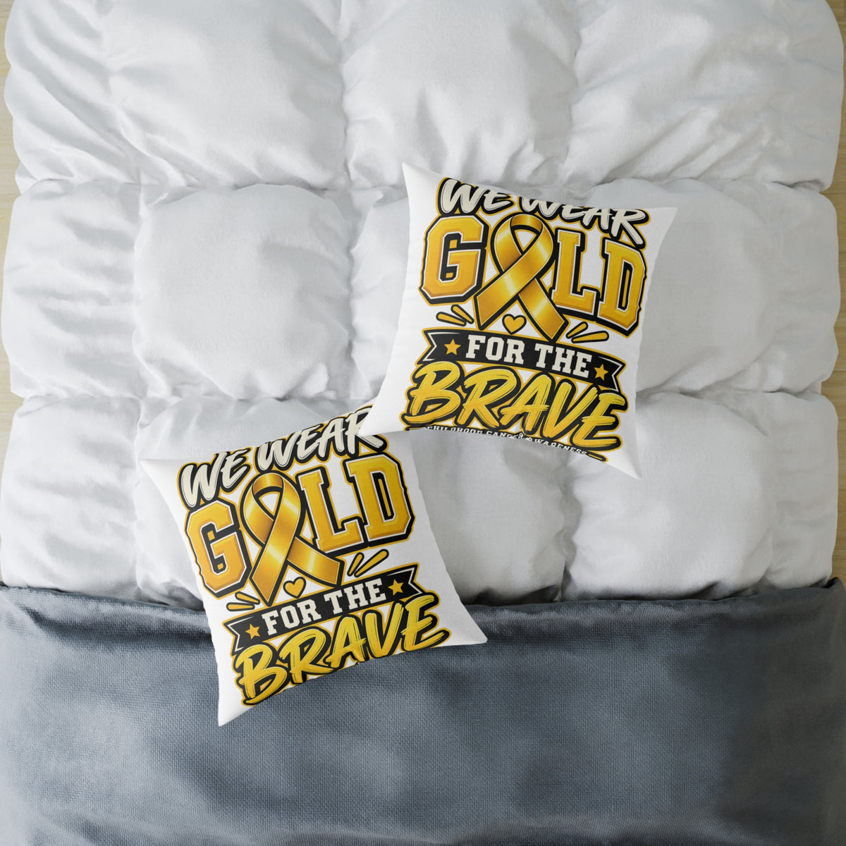 Childhood Cancer Gold Ribbon 'We Wear Gold For The Brave' Square Throw Pillow