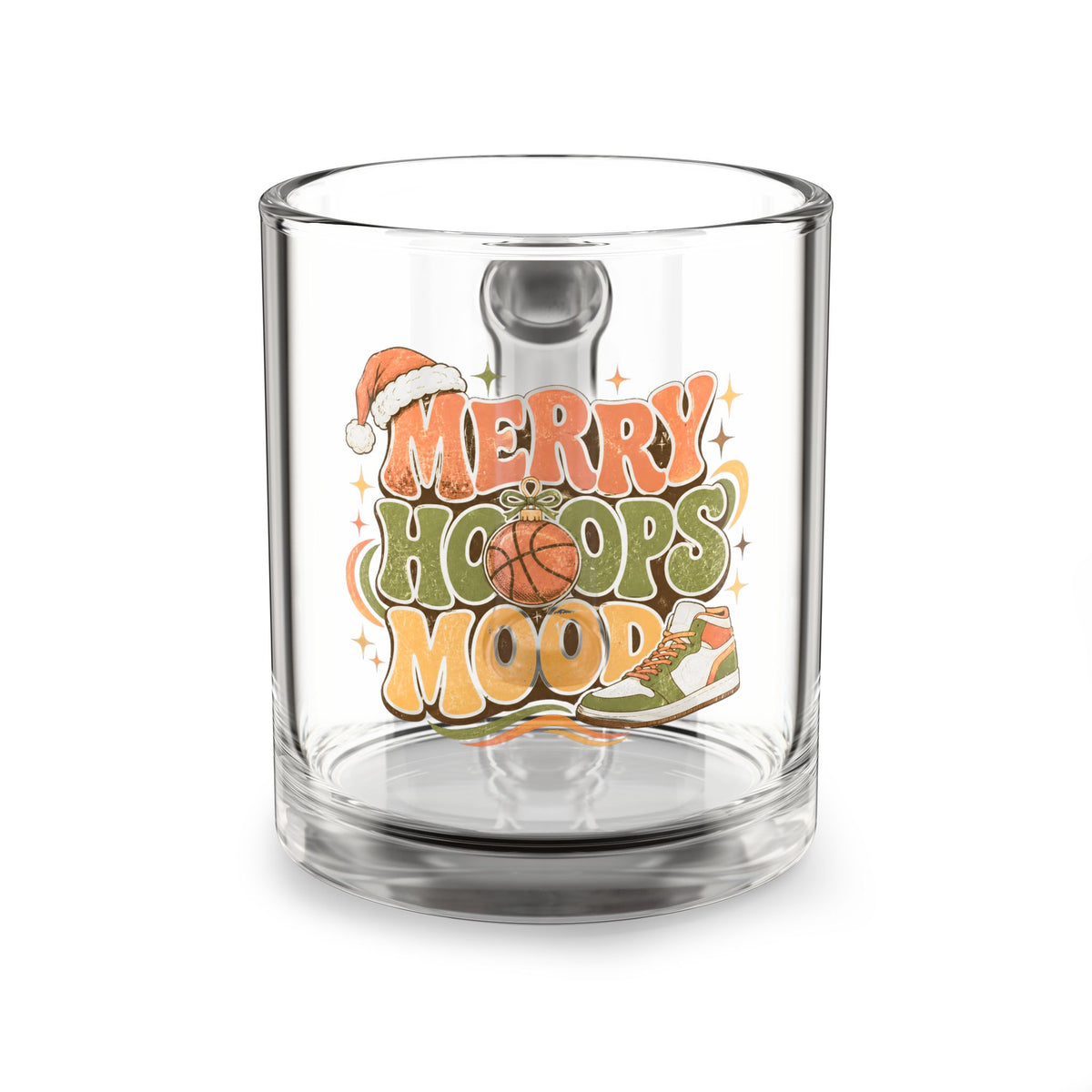 Modern Day Christmas Glass Mug  10oz Glass Mug — "Merry Hoops Mood" Holiday Basketball Coffee Cup