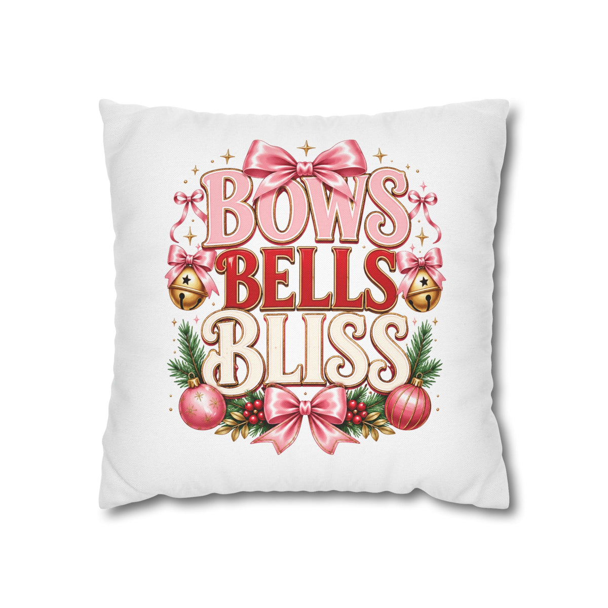 Christmas Bows Bells Bliss Decorative Pillowcase — Pink Christmas Holiday Throw Pillow Cover