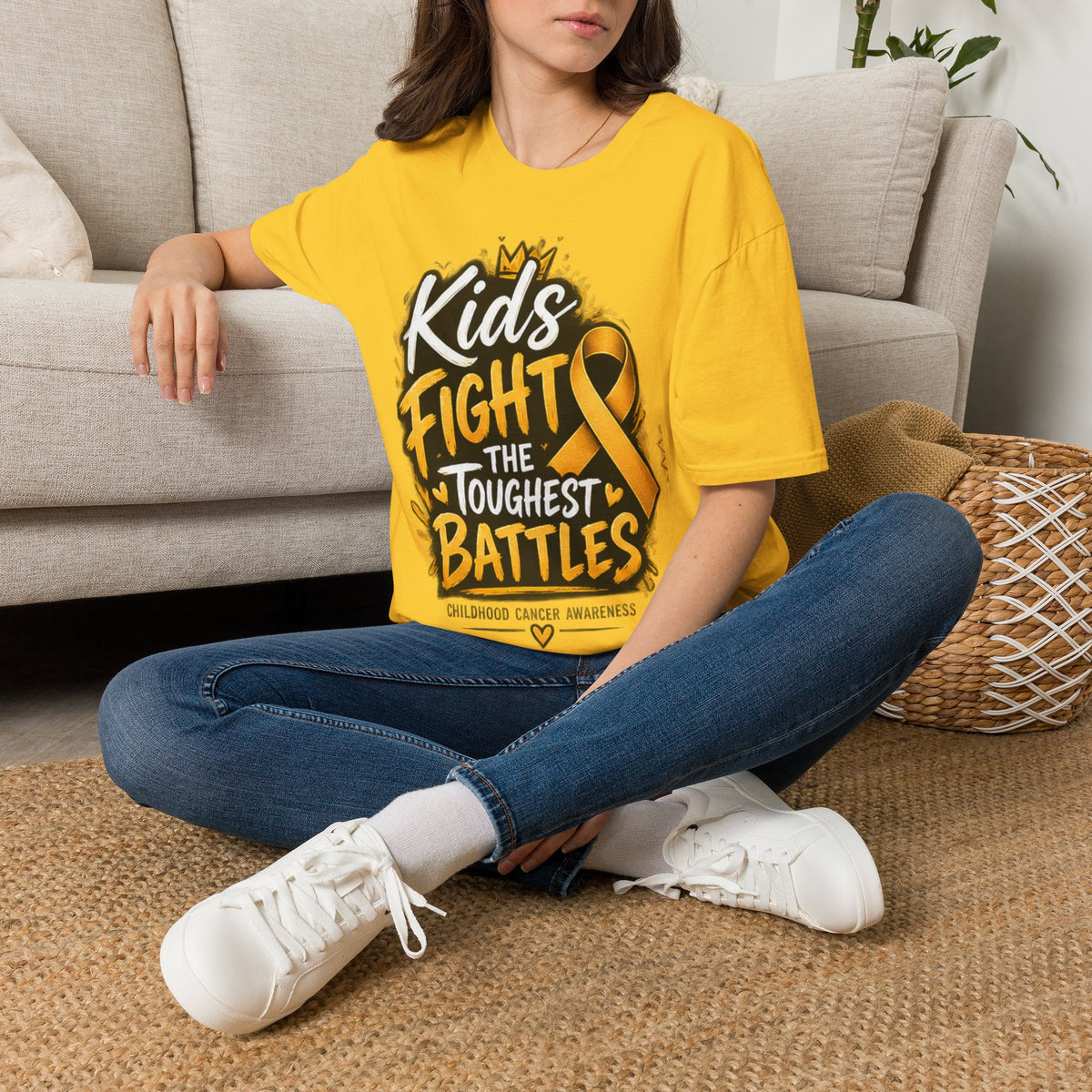 Childhood Cancer Awareness T-Shirt — "Kids Fight the Toughest Battles" Gold Ribbon