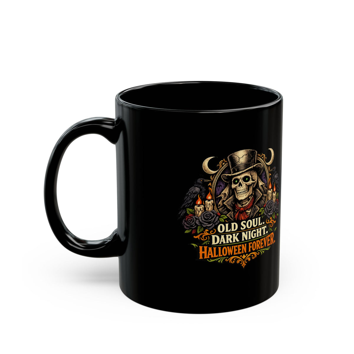 Halloween Skull Mug — "Old Soul, Dark Night, Halloween Forever" Gothic Coffee Cup