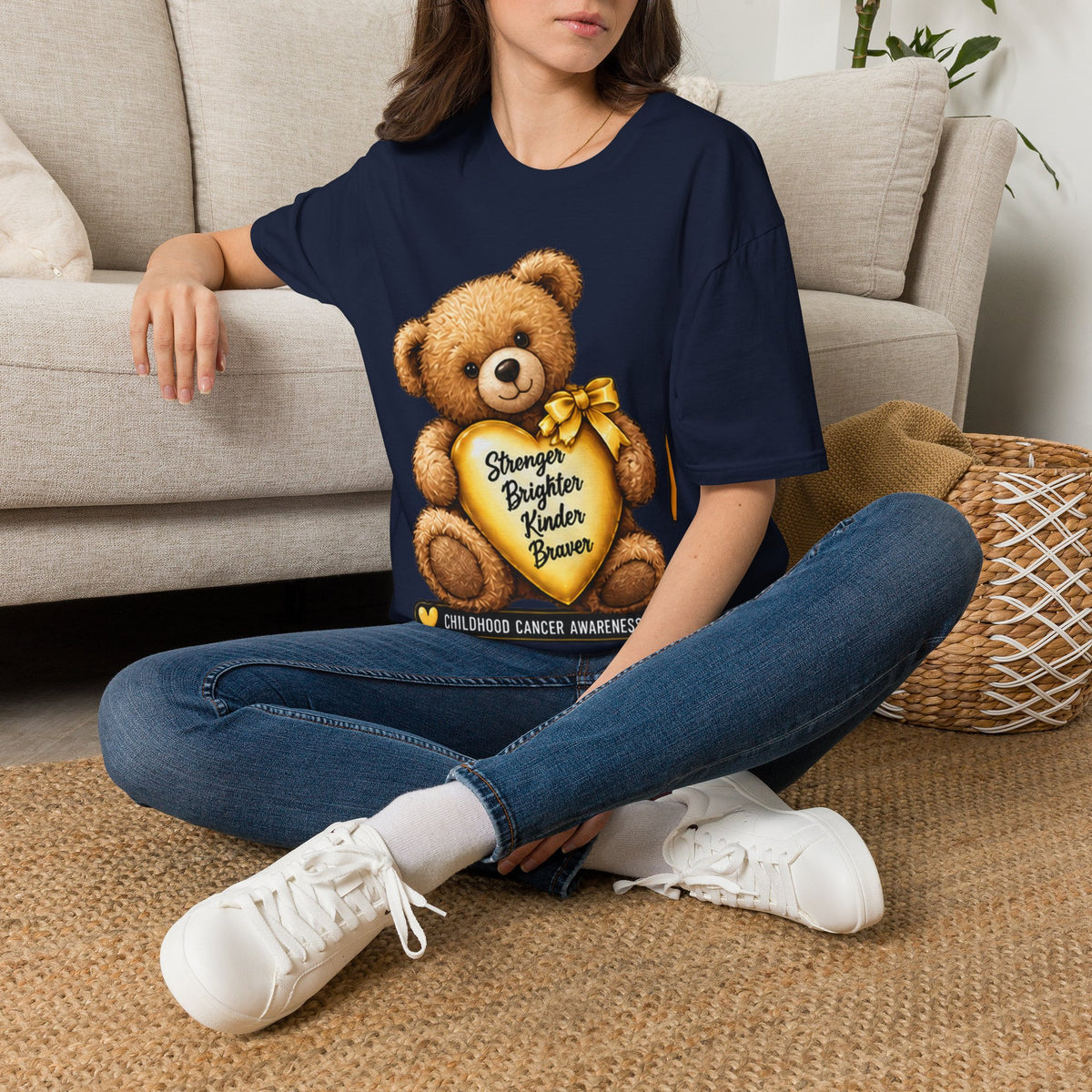 Childhood Cancer Awareness Teddy T-Shirt — "Stronger Brighter Kinder Braver"
