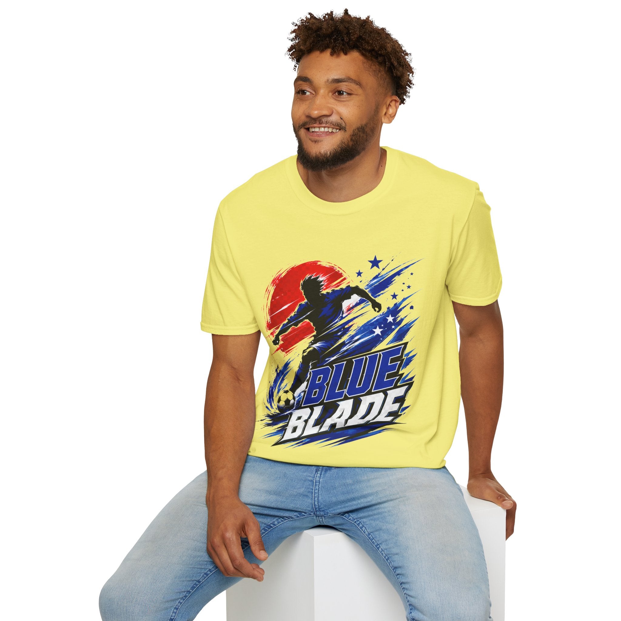 Japan T-Shirt — Blue Blade Soccer Graphic Tee (Red & Blue Starburst)