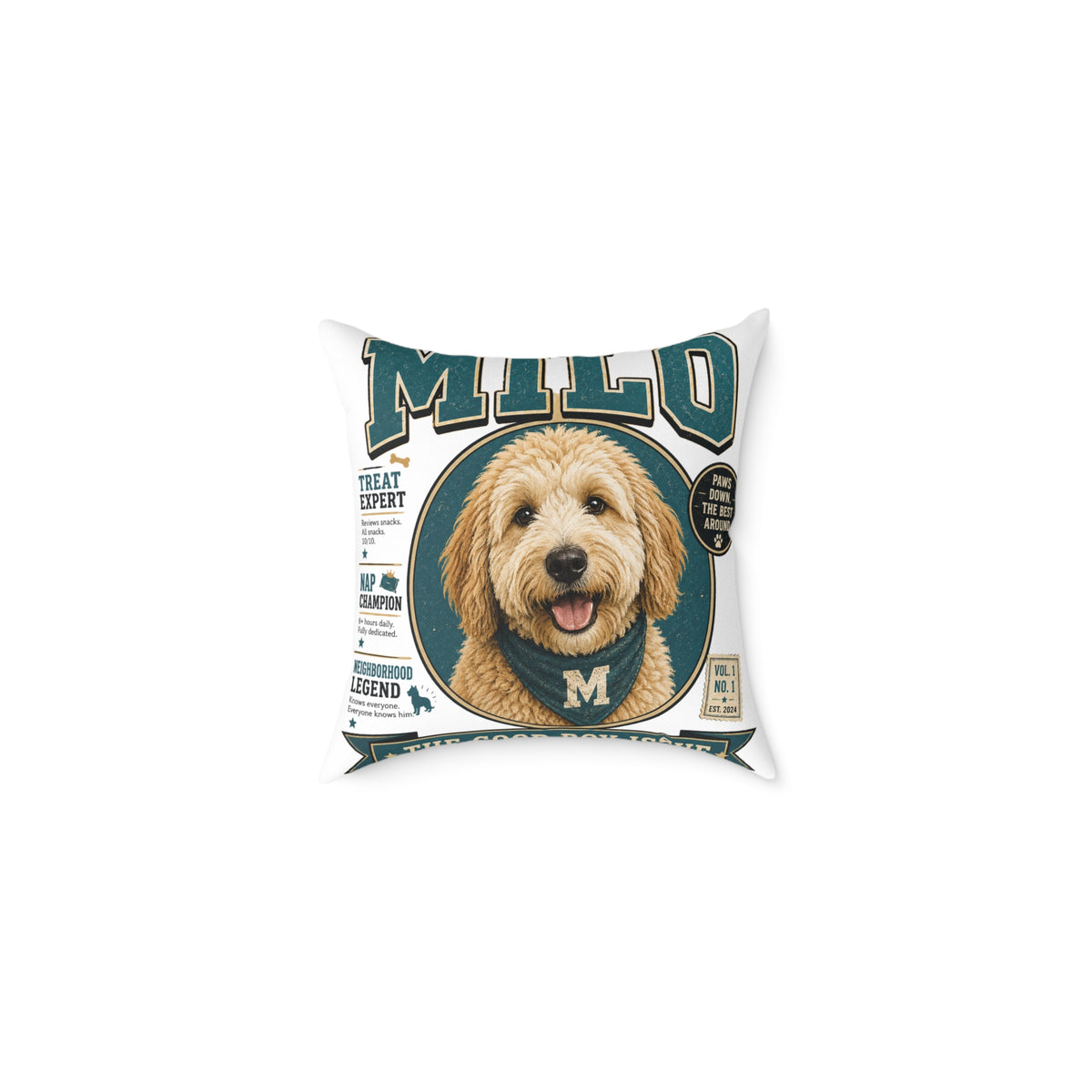 Personalized Dog Portrait Pillow — Milo Bailey Dog Dad Mom  'Milo' Vintage Pet Photo Square Throw Pillow