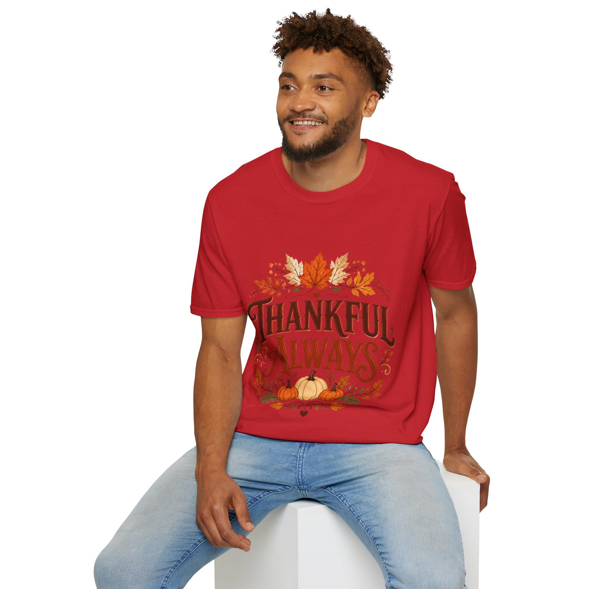Thanksgiving T-Shirt Thankful Always T-Shirt — Autumn Leaves & Pumpkins Thanksgiving Tee