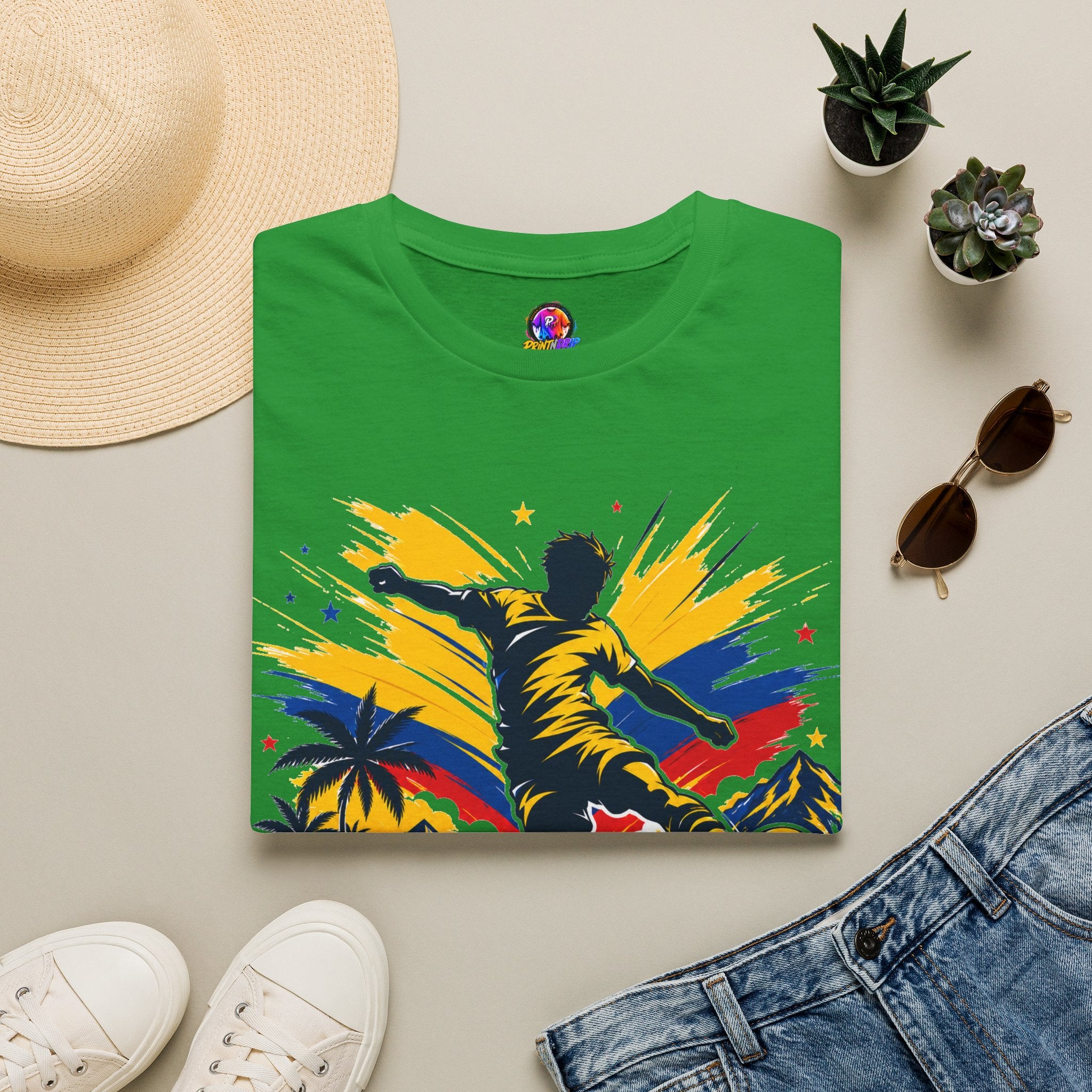 Columbia Soccer Player Graphic T-Shirt — "Golden Rhythm" Vibrant Beach Soccer Tee