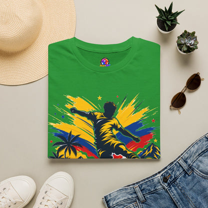 Columbia Soccer Player Graphic T-Shirt — "Golden Rhythm" Vibrant Beach Soccer Tee