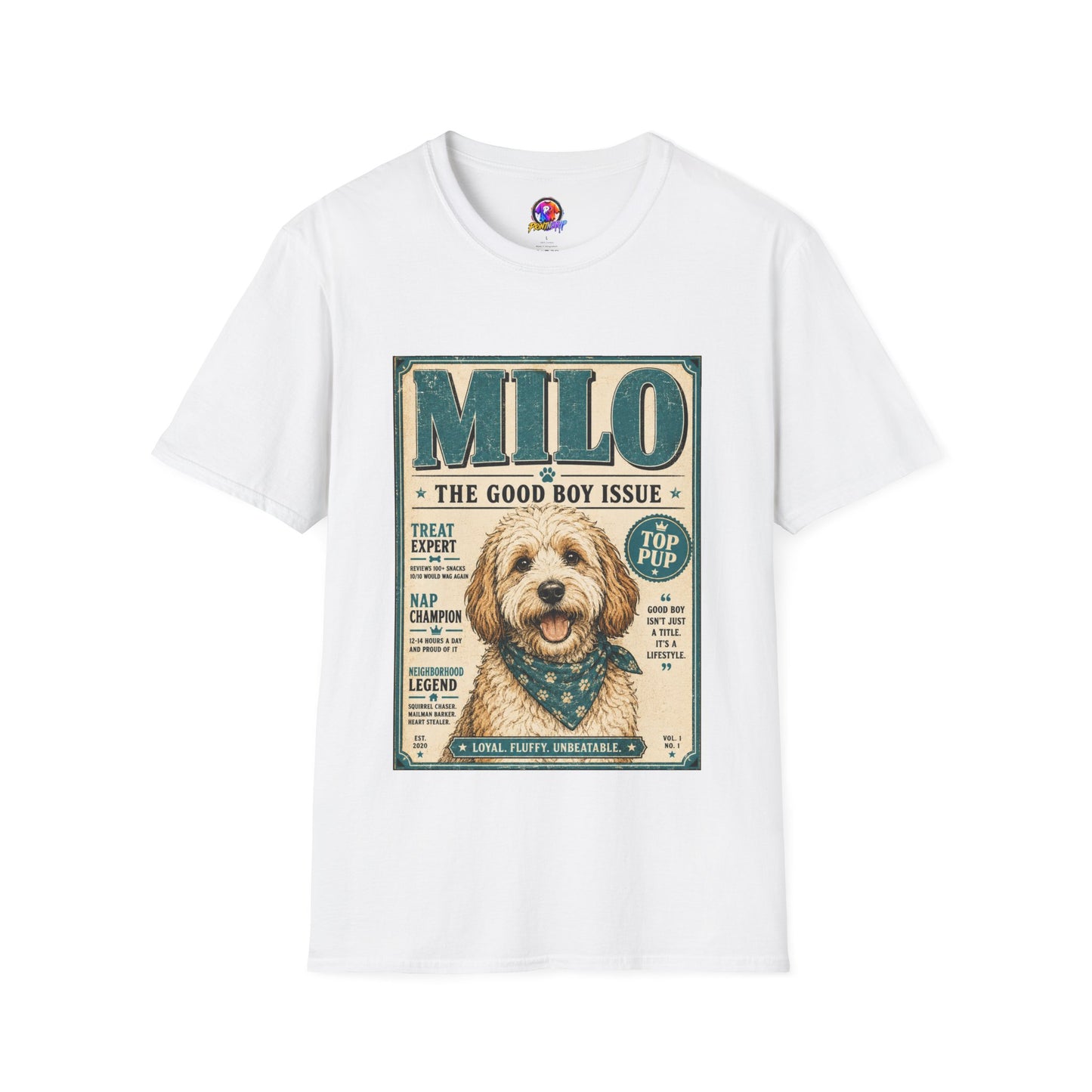 Milo 'The Good Boy Issue' Dog T‑Shirt — Vintage Puppy Magazine Design