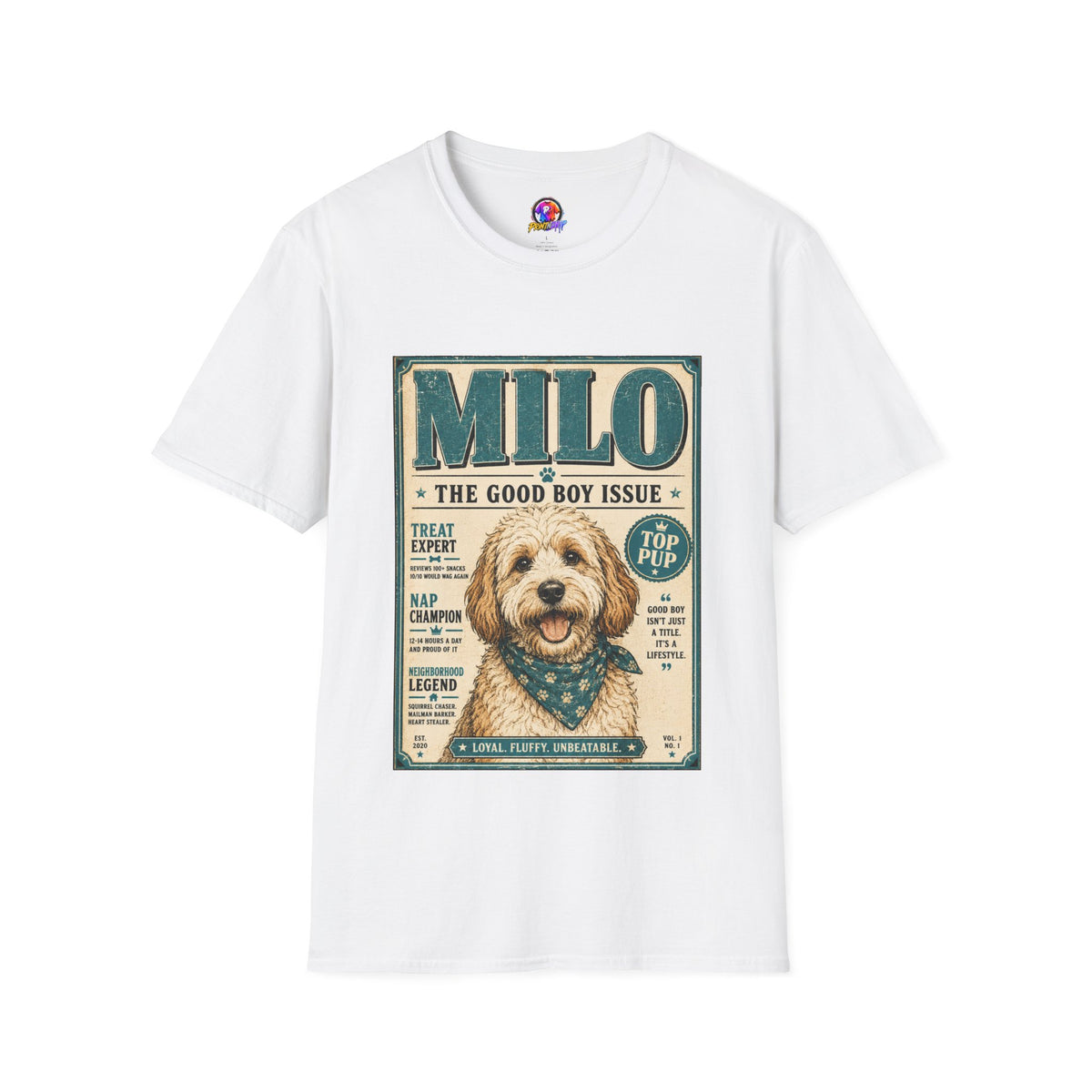 Milo 'The Good Boy Issue' Dog T‑Shirt — Vintage Puppy Magazine Design