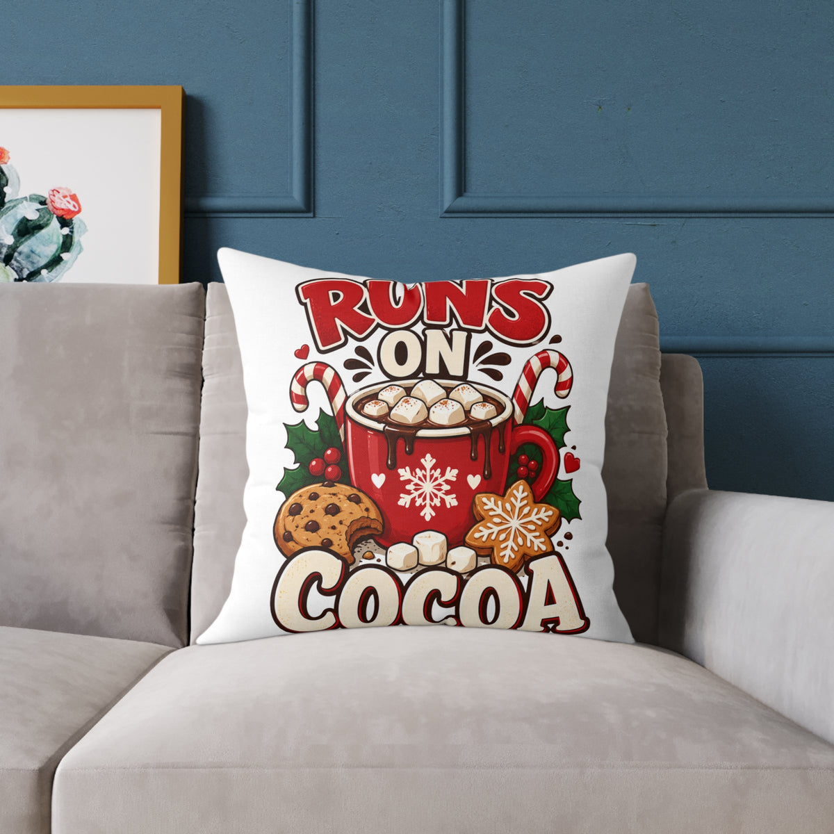 Christmas Square Pillow - "Runs on Cocoa" Holiday Hot Chocolate Decorative Throw Pillow