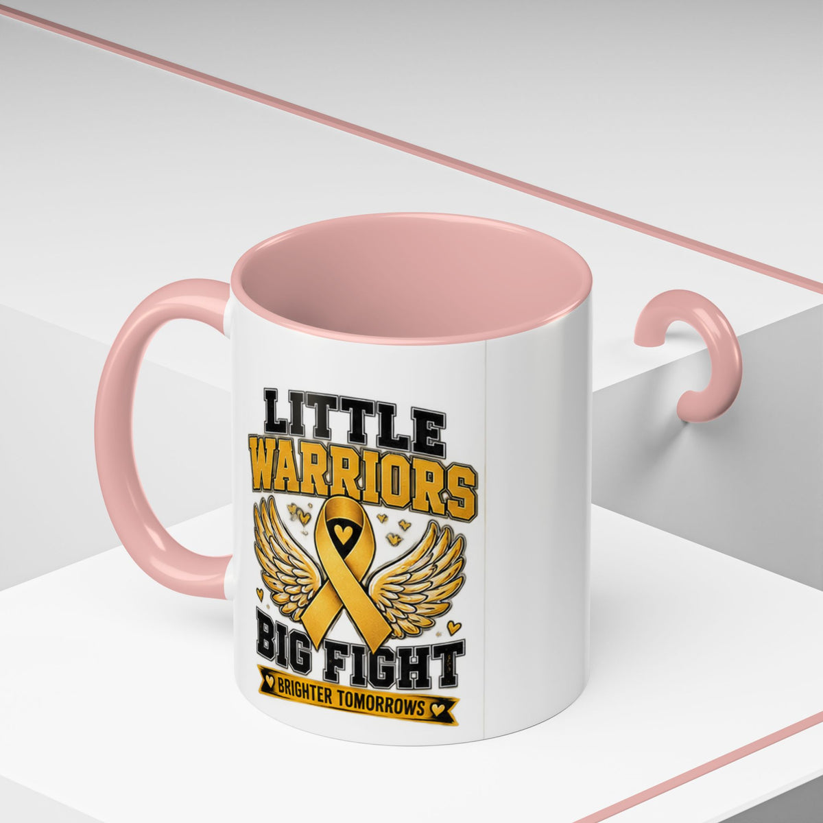 Little Warriors Big Fight Childhood Cancer Awareness Coffee Mug — Gold Ribbon Support Accent Mug