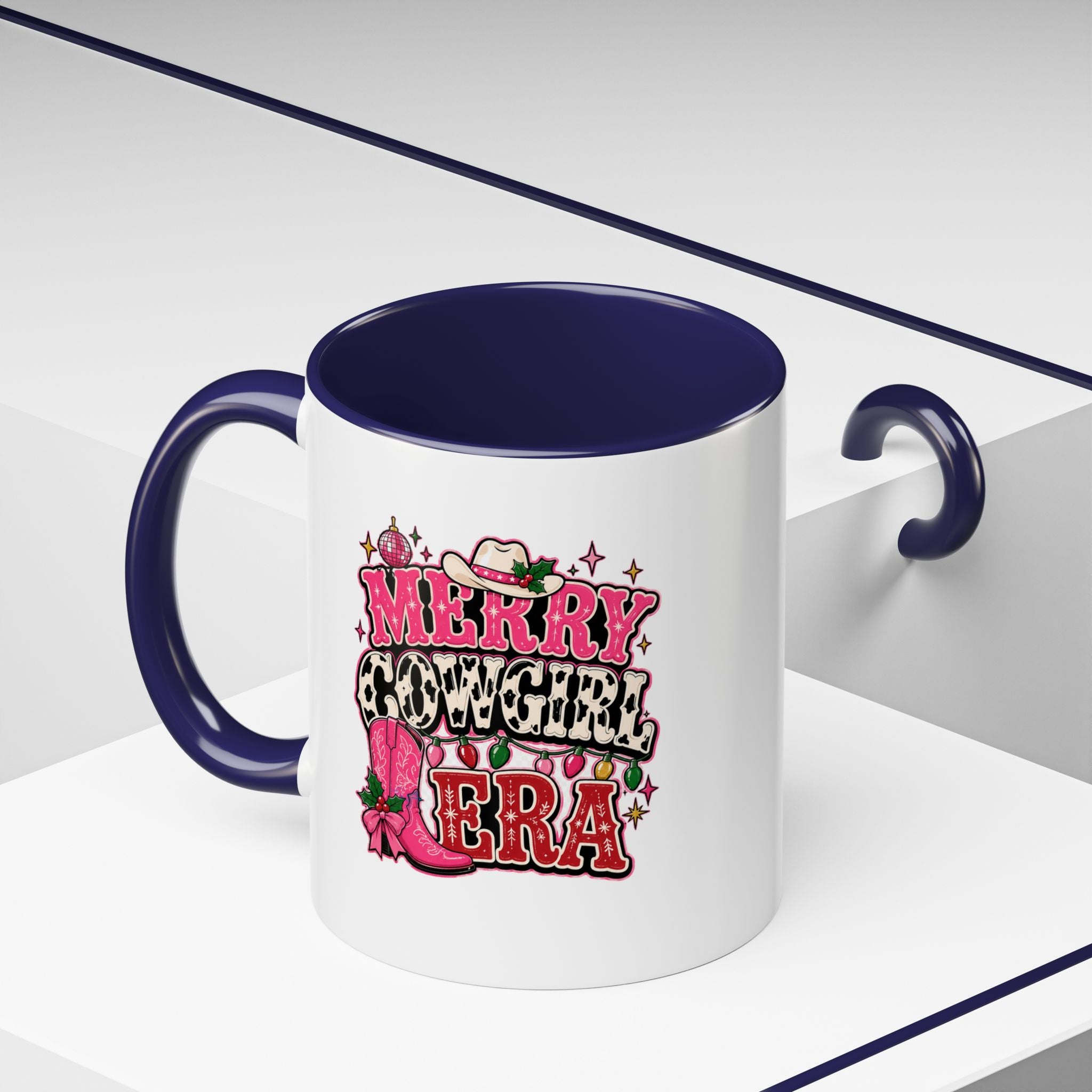 Modern Day Christmas Merry Cowgirl Era Accent Coffee Mug — Festive Pink Western Cowboy Boots & Hat Mug