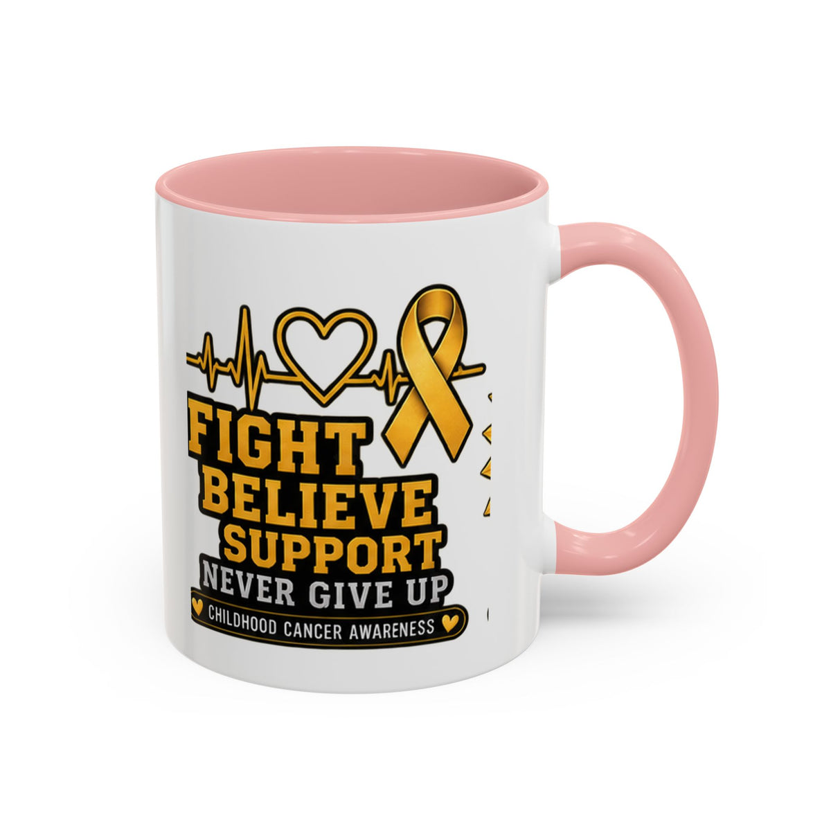 Childhood Cancer Awareness Accent Coffee Mug — "Fight Believe Support" 11/15oz