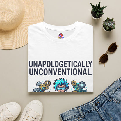 Unapologetically Unconventional T-Shirt — Quirky Steampunk Inventor Graphic Tee