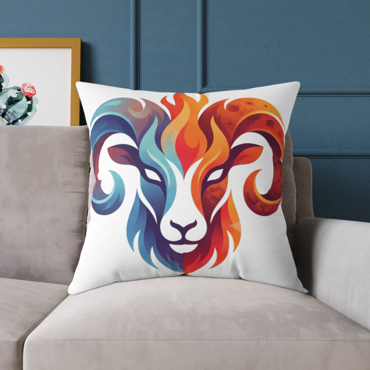 Aries Zodiac Flame Ram Art Pillow – Colorful Zodiac Aries Throw Pillow