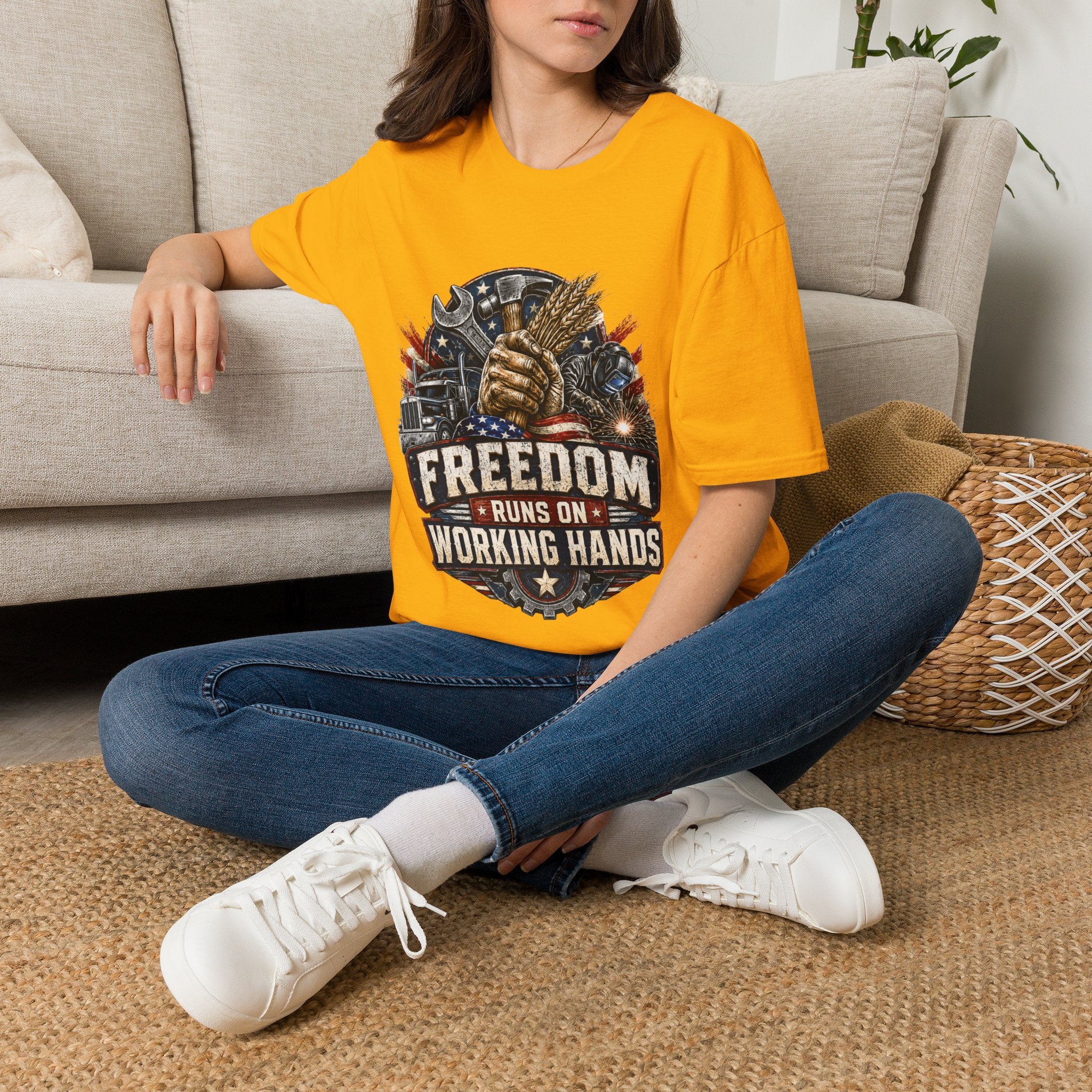 Freedom Runs on Working Hands T-Shirt — Patriotic Mechanic Tool & Wheat Design
