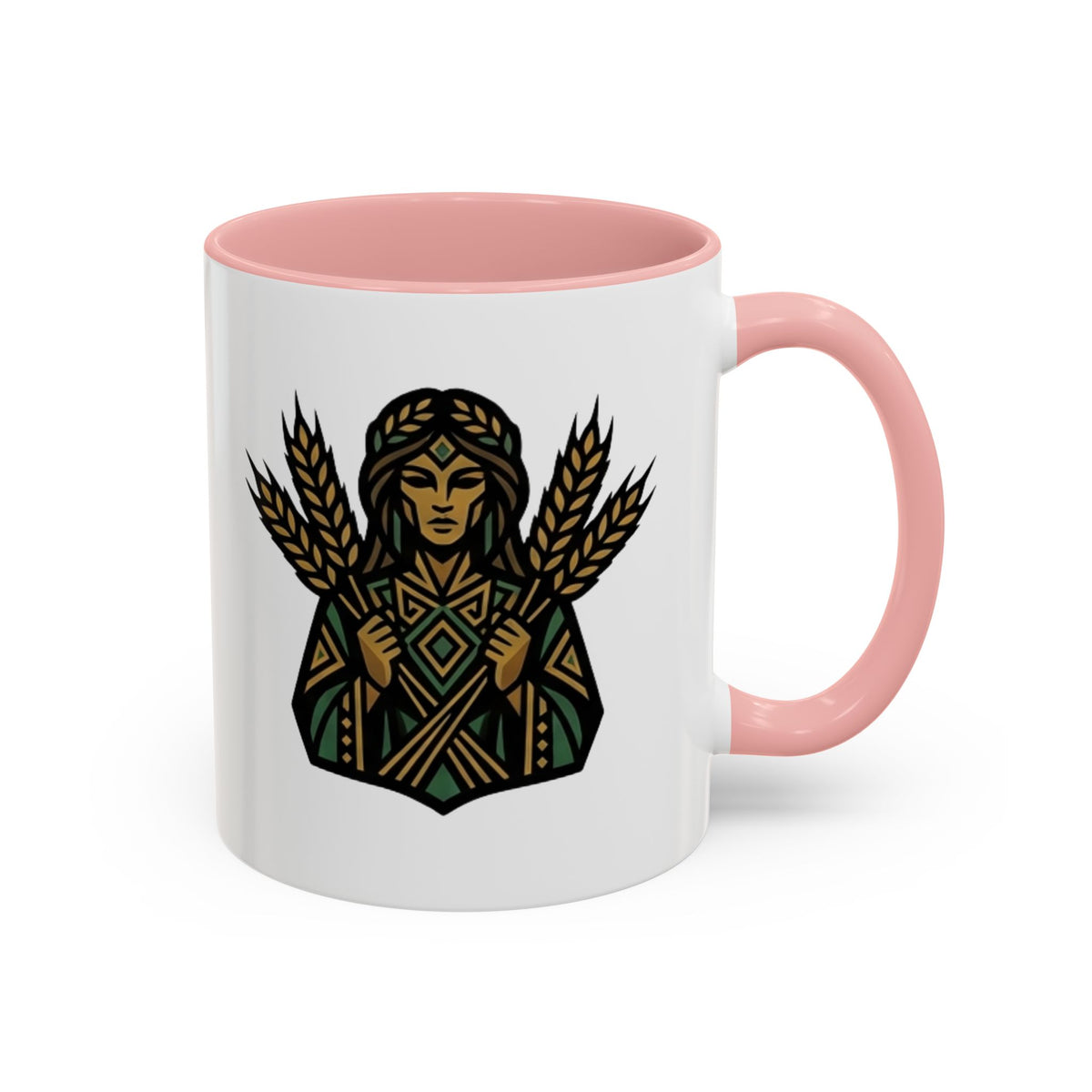Virgo Zodiac Harvest Goddess Accent Coffee Mug — Rustic Wheat & Earthy Green Tribal Design