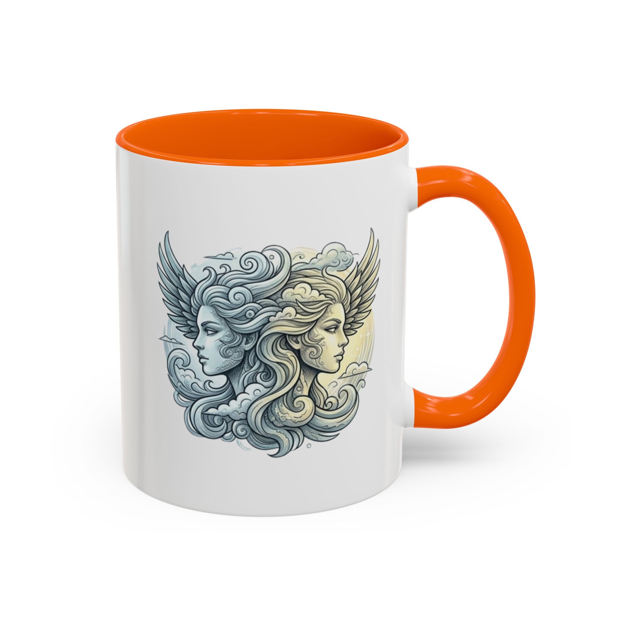 Gemini Twins Accent Coffee Mug — Sun & Moon Winged Faces Illustration