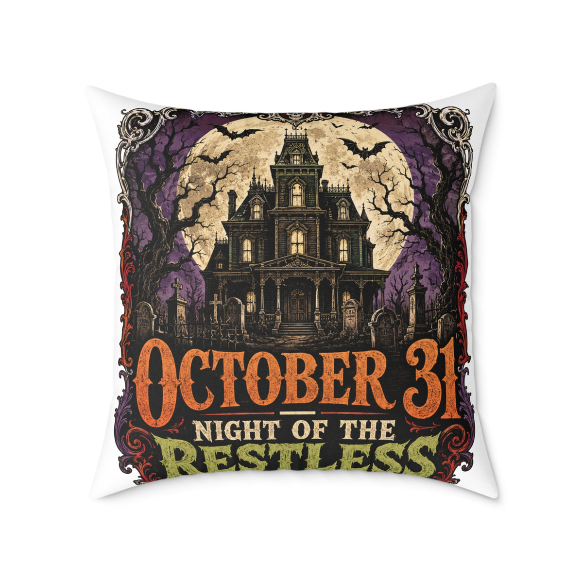 Halloween Haunted House Pillow — "October 31 Night of the Restless" Square Canvas Throw Pillow