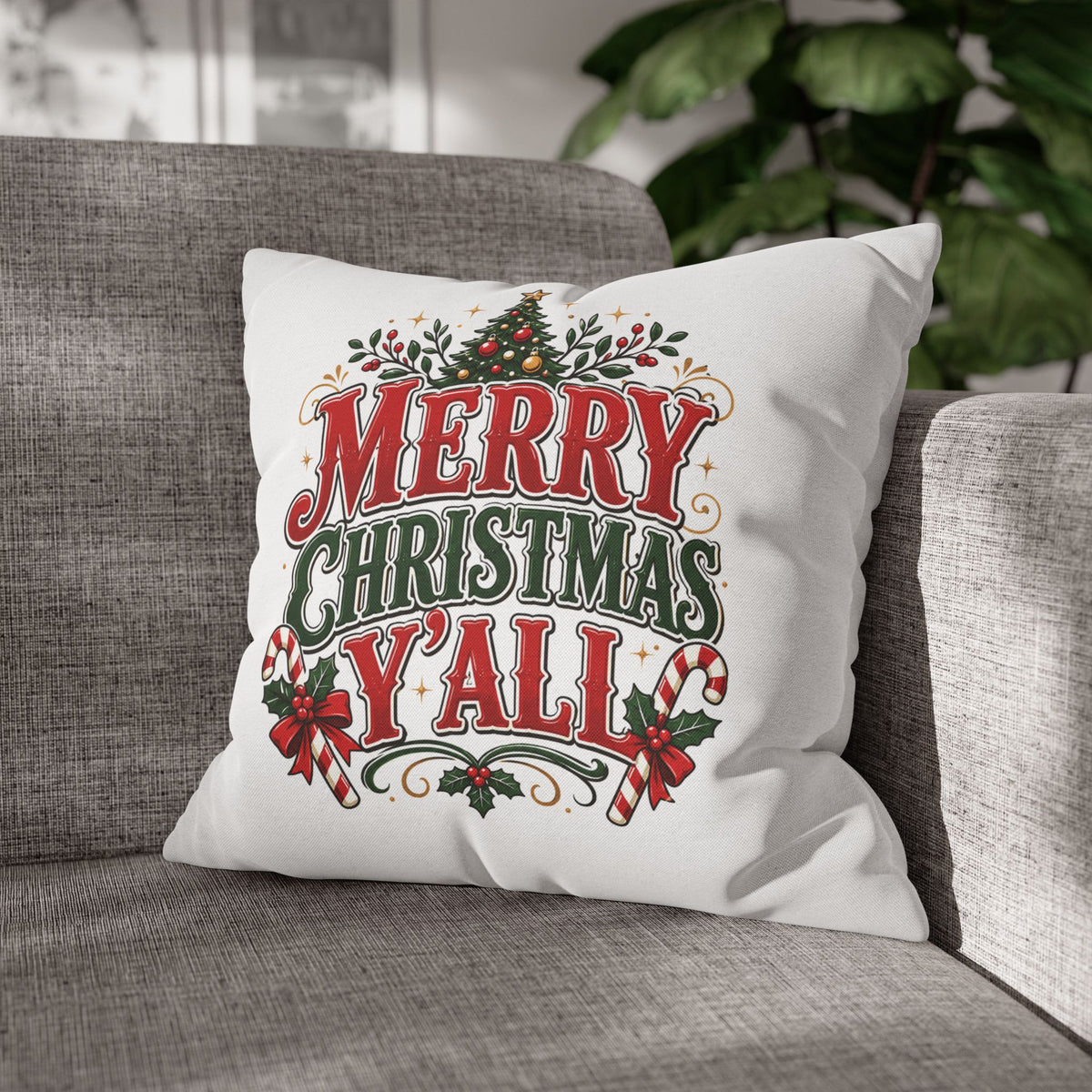 Christmas Square Pillowcase — Merry Christmas Y'all Holiday Decorative Pillow