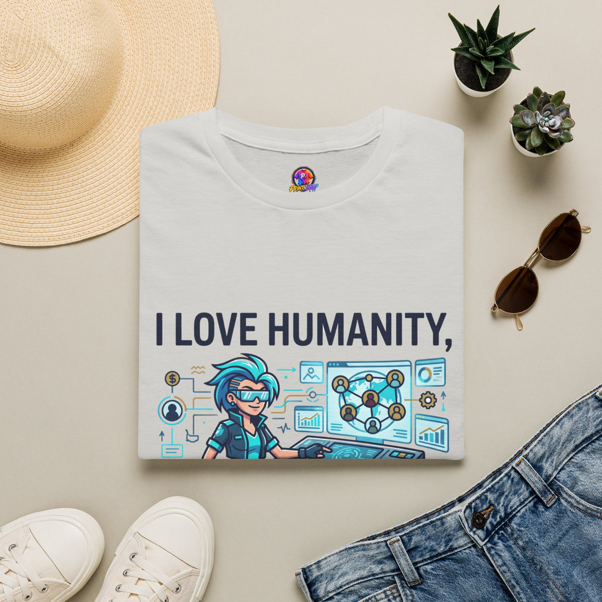 I Love Humanity, But Humans Are Exhausting - Funny Sci‑Fi T‑Shirt
